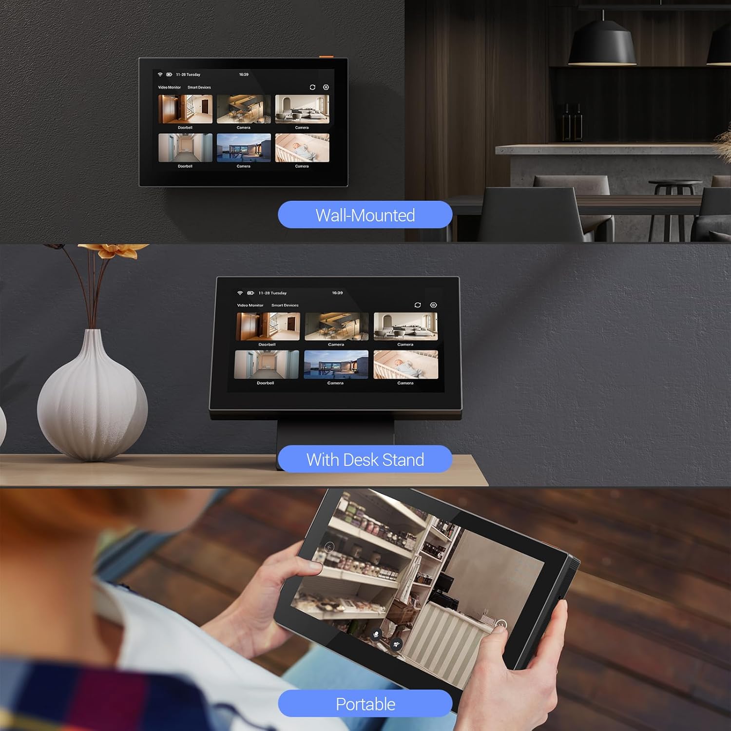 EZVIZ SD7 shown in wall-mounted, desk stand, and portable configurations