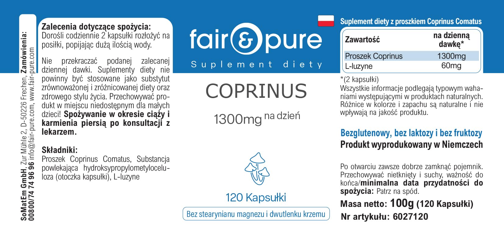 Fair & Pure Capsule di Coprinus 1300mg dose giornaliera, 120 pezzi, fungo coprinus, integratore alimentare vegano senza additivi, prodotto in Germania
