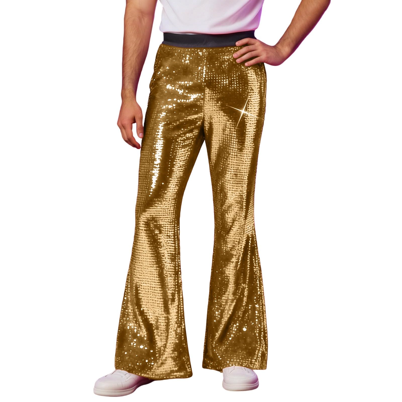 Men's Sequin Flared Trousers Wide Leg Sequin Trousers 70s 80s Disco Rave Trouser Festival Club Outfit Hip Hop Dance Trouser Fancy Dress Party Clothing Streetwear All Seasons Festival Club Party Gold