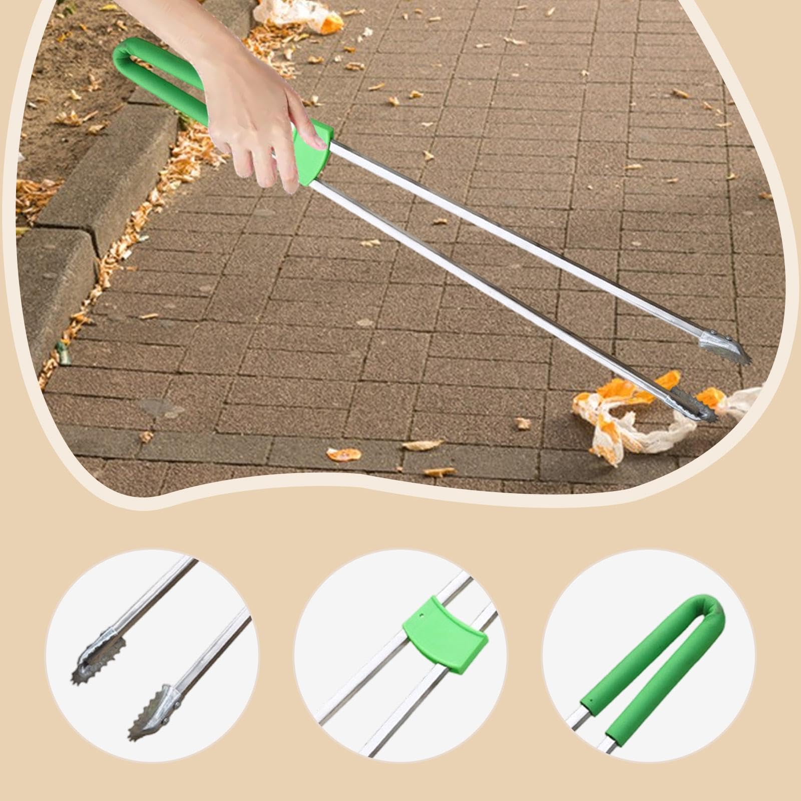 Pince à Déchets Double Tige Acier Inoxydable 91cm, Ramasse-Détritus Longue Portée pour Personnes Âgées, Outil Nettoyage Ergonomique, pour Rue, Jardin Ou Étang, Tige En Acier
