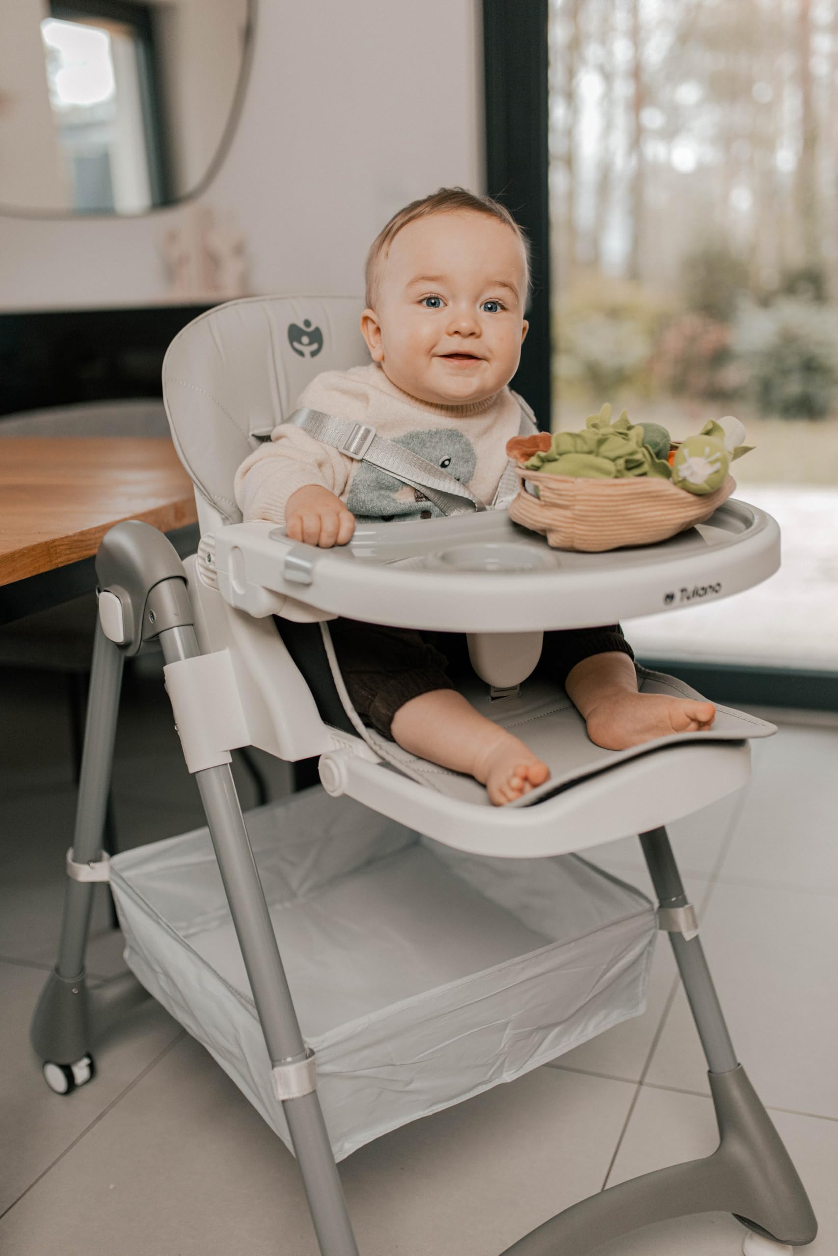 Tulano Morsel 30 Hochstuhl Baby, höhenverstellbar, klappbar, mit Tablett, 5-Punkt-Gurt, abnehmbares Tablett spülmaschinenfest, für Babys ab 6 Monate, Kinderhochstuhl Grau