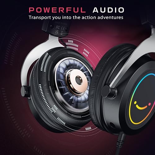 Miniatura 7 de FIFINE Auriculares RGB para juegos, cómodos auriculares sobre la oreja con micrófono, conexión de conector de audio con cable, auriculares de cuero
