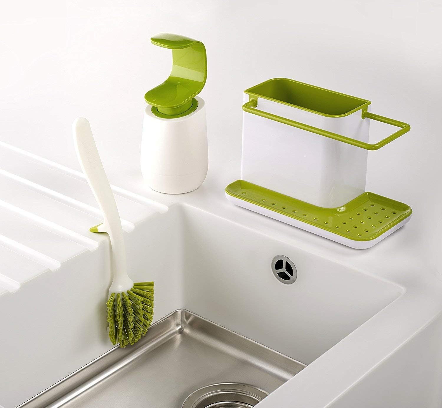 Joseph Joseph 10448 Kitchen Sink Set with Caddy, Edge Dish Brush and C-Pump (Pack of 3), Green/White