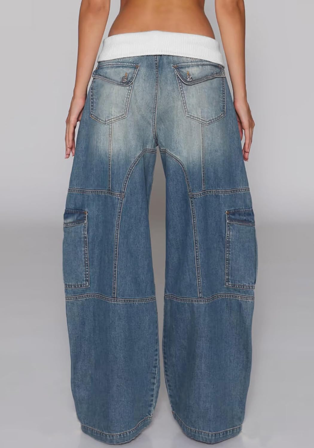 Famnbro Womens Barrel Cargo Jeans Y2k Elastic Patchwork High Waisted Straight Wide Leg Boyfriend Denim Pants - Image 4