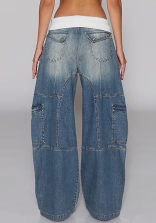 Famnbro Womens Barrel Cargo Jeans Patchwork High Waisted Denim Pants | Breathable Denim,Elastic Patchwork Foldover Waisted,Straight Wide Leg Jeans,Trendy Vintage Y2K Casual Pants