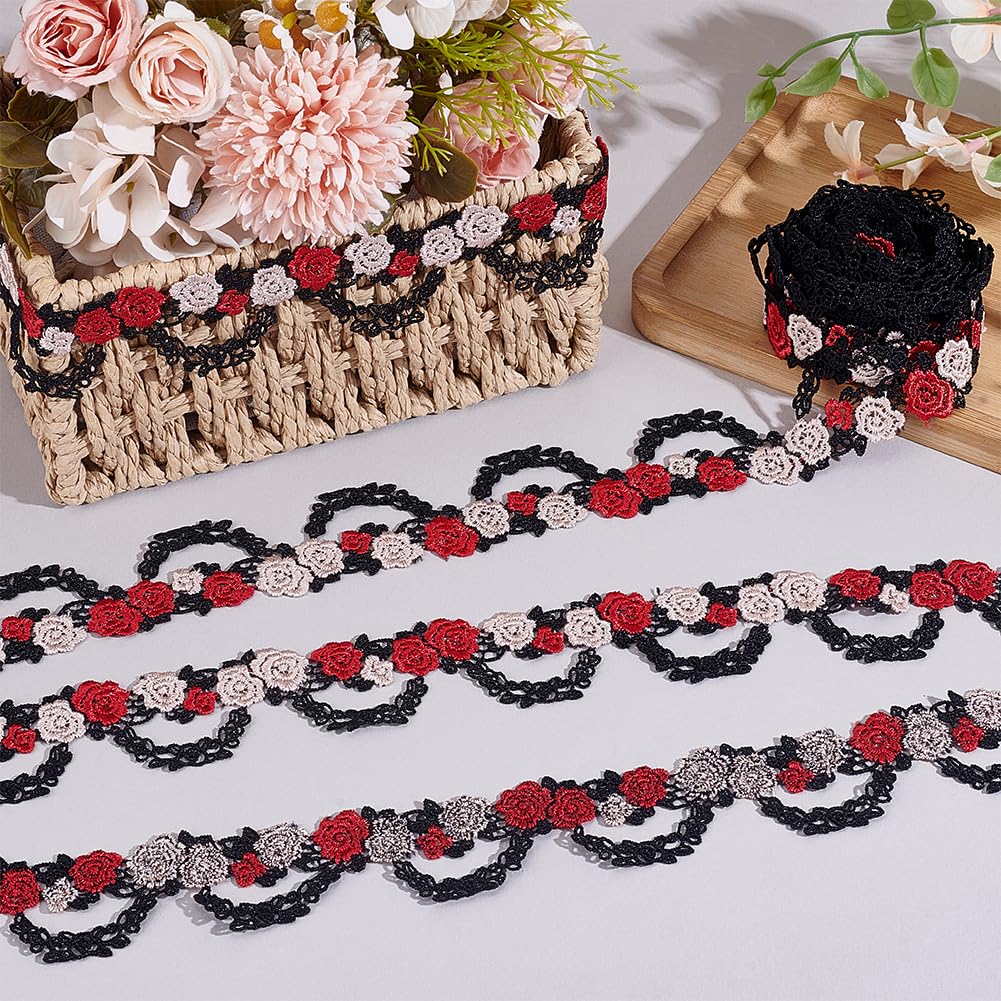 MAYJOYDIY 4,5 m rose rosse ricamate in pizzo 40 mm applique floreali gotiche cucito artigianato vite nero bordo pizzo nastro per cappelli abiti costume abbellimento fai da te decorazione festa