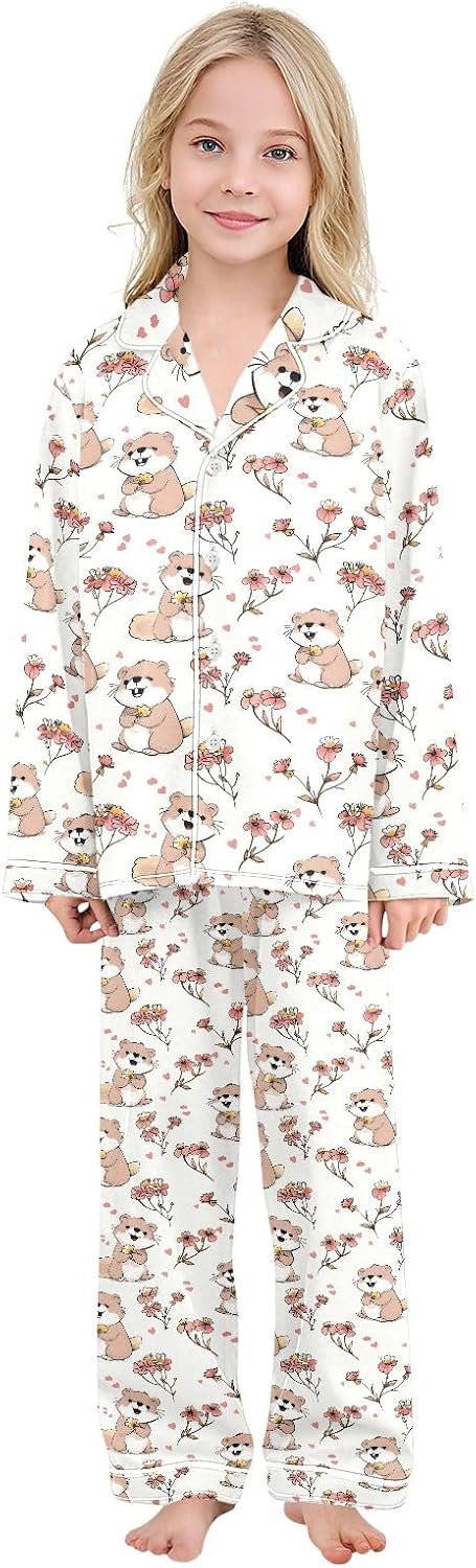 Kids Casual Satin Wear Set Groundhog Heart Flower Pattern Unisex Relaxed Fit Clothing