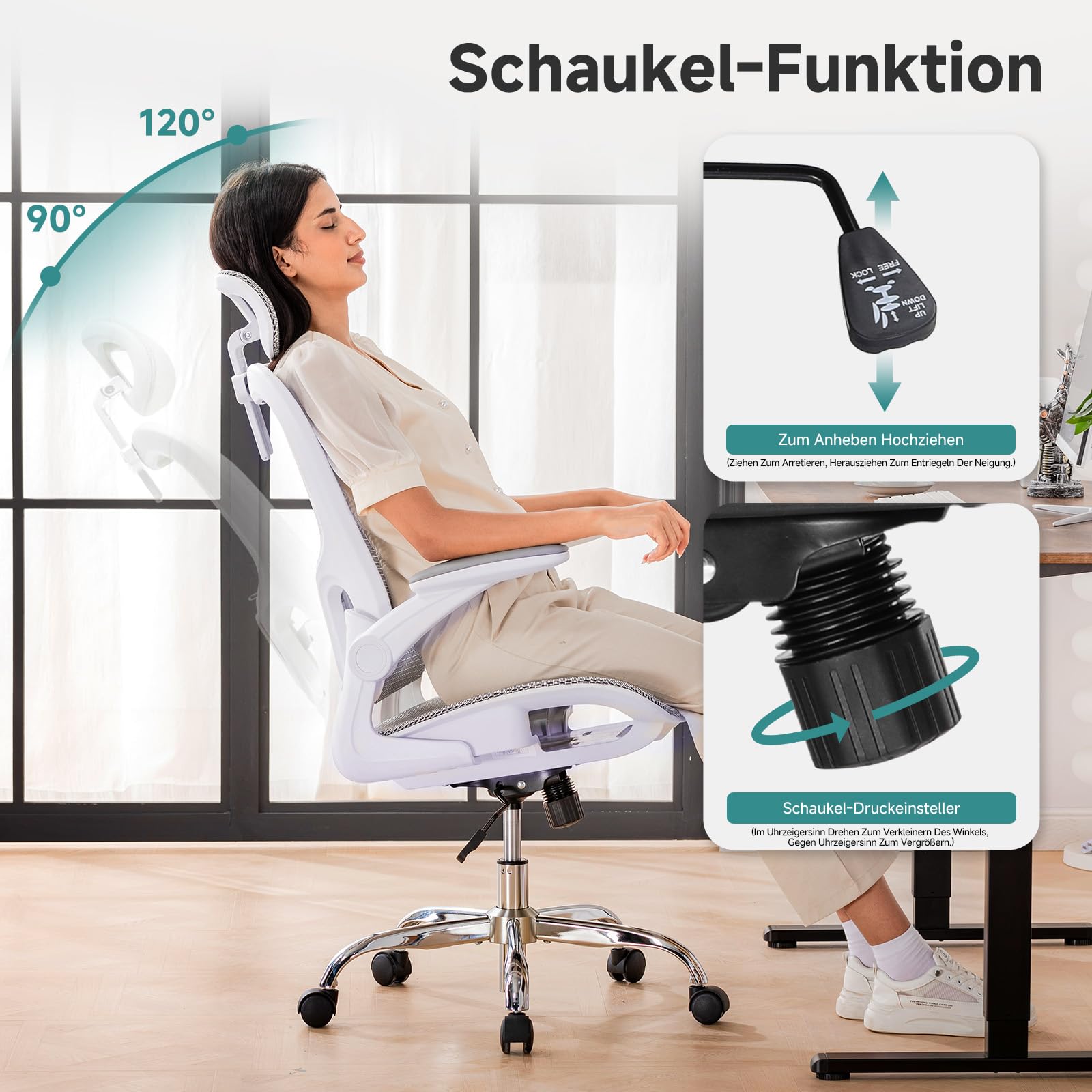 COMHOMA Bürostuhl, Schreibtischstuhl, ergonomischer Netzstuhl, mit doppellagigem Netzgewebe, atmungsaktiv, Adaptive Lendenstütze, verstellbare Kopfstütze, für Homeoffice, Drehstuhl 150 kg, Weiß