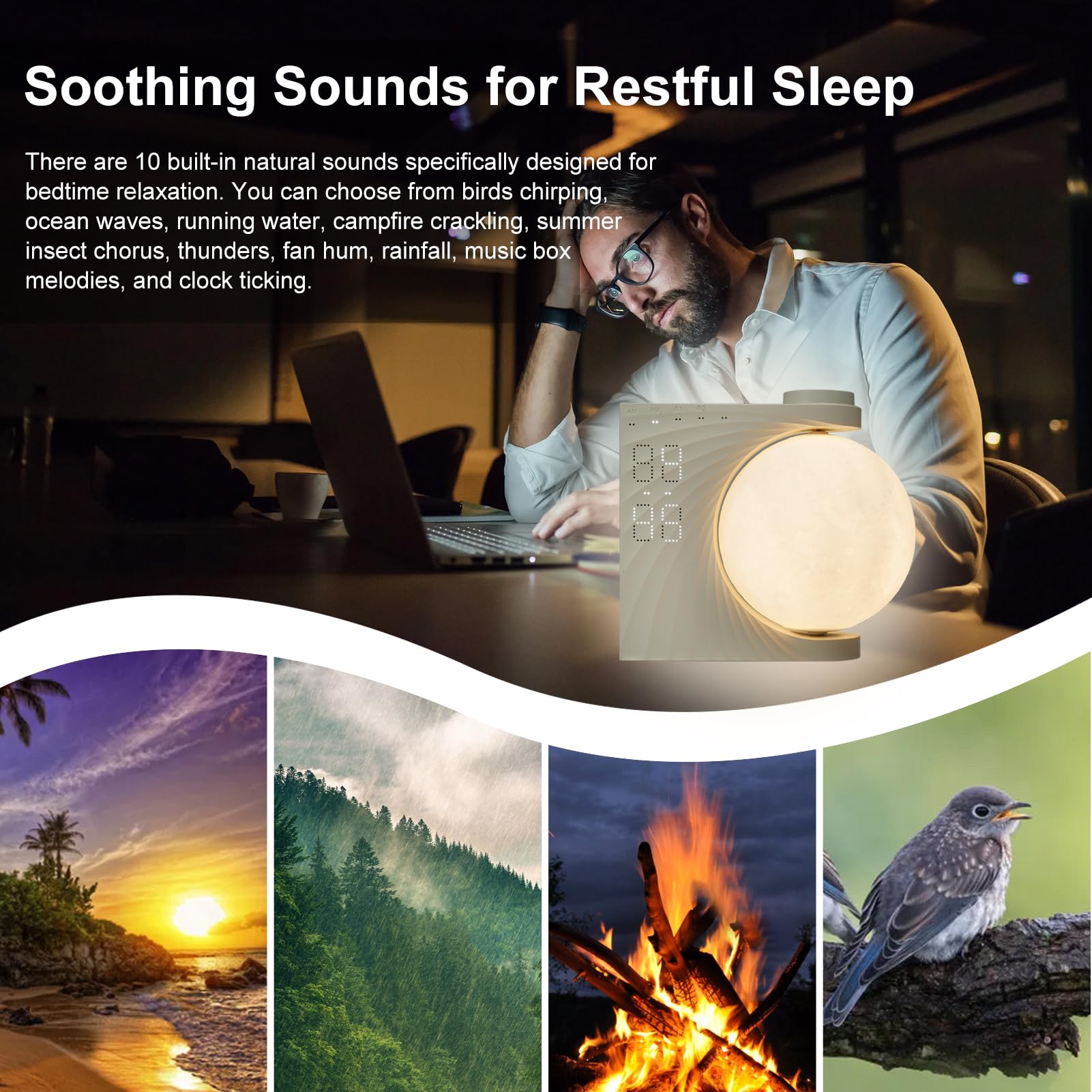 Neoglint Veilleuse lune RVB à changement de couleur, double réveil avec répétition, lumière de réveil, machine à bruit blanc pour le sommeil, lampe de chevet à intensité variable, réglage de la