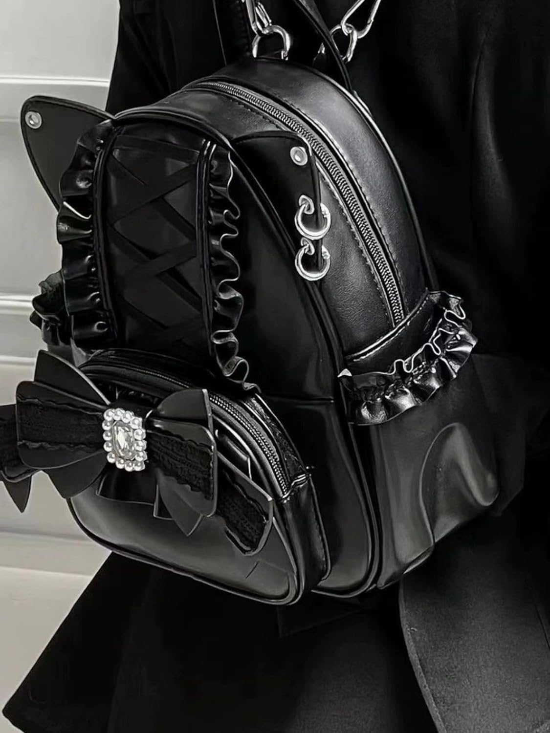 Pokn Jirai Kei Kawaii Bag Gothic Cute Bag Mini Leather Backpack Fashion Small Daypacks Purse for Women Cutecore (Black)