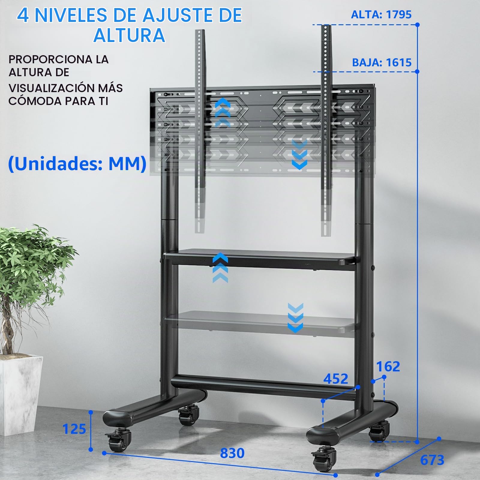 RFIVER Soporte TV con Ruedas para TV de 50-86 Pulgadas hasta 68 kg | Soporte TV Pie con Balda, Altura Ajustable, Soporte TV Suelo Carrito TV montaje sencillo, VESA Máx 800x600mm