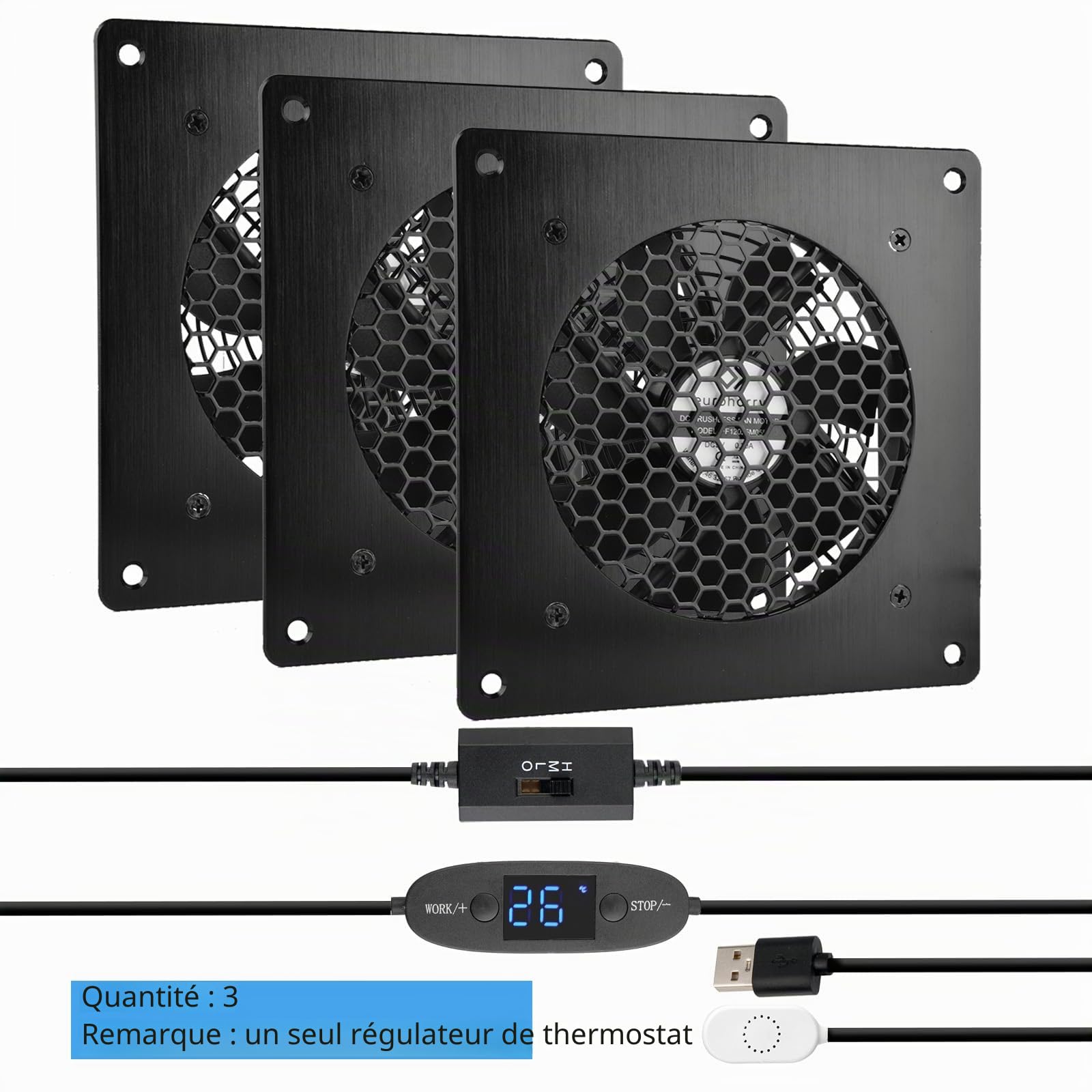 Ventilateur USB 120 mm, système silencieux contrôlé par la température, ventilateur 5 V avec cadre moderne en aluminium brossé noir pour armoires AV home cinéma