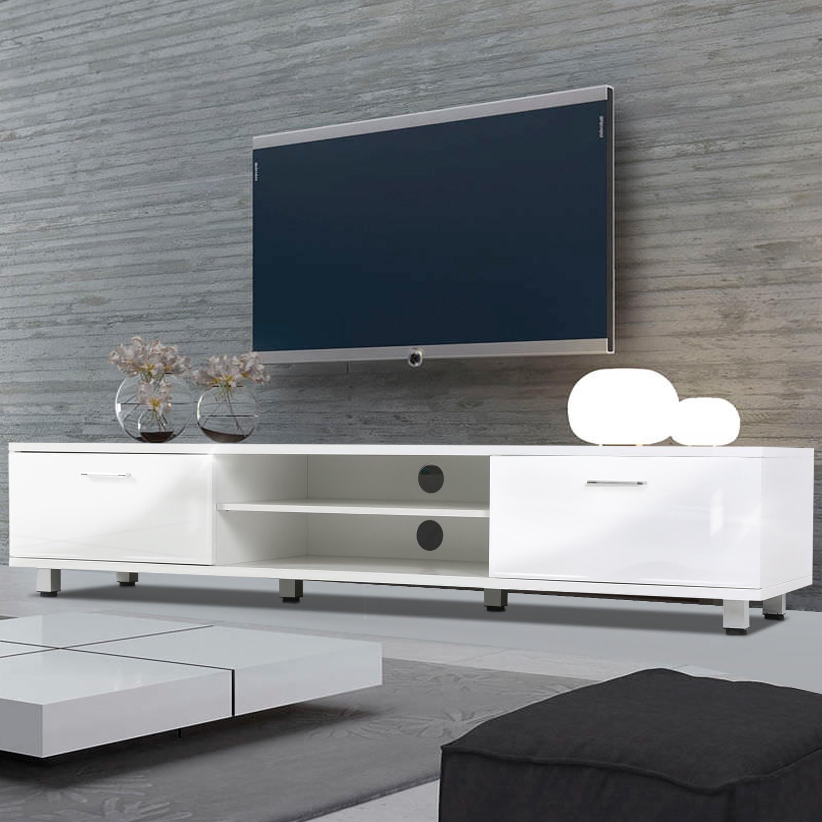 Voilamart TV Cabinets Unit 160CM for Living Room Bedroom White TV Stand Lowboard with Storage Shelf and Double Doors, TV Entertainment Center for 60 Inch Screen