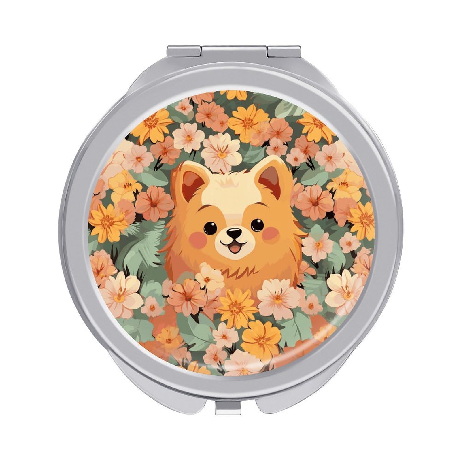 FekiLoot Pomeranians Cartoon Flowers Makeup Mirror Compact Round Travel Makeup Mirror Portable Folding Handheld Pocket Mirrors for Handbag and Purses Gift Mini Mirrors