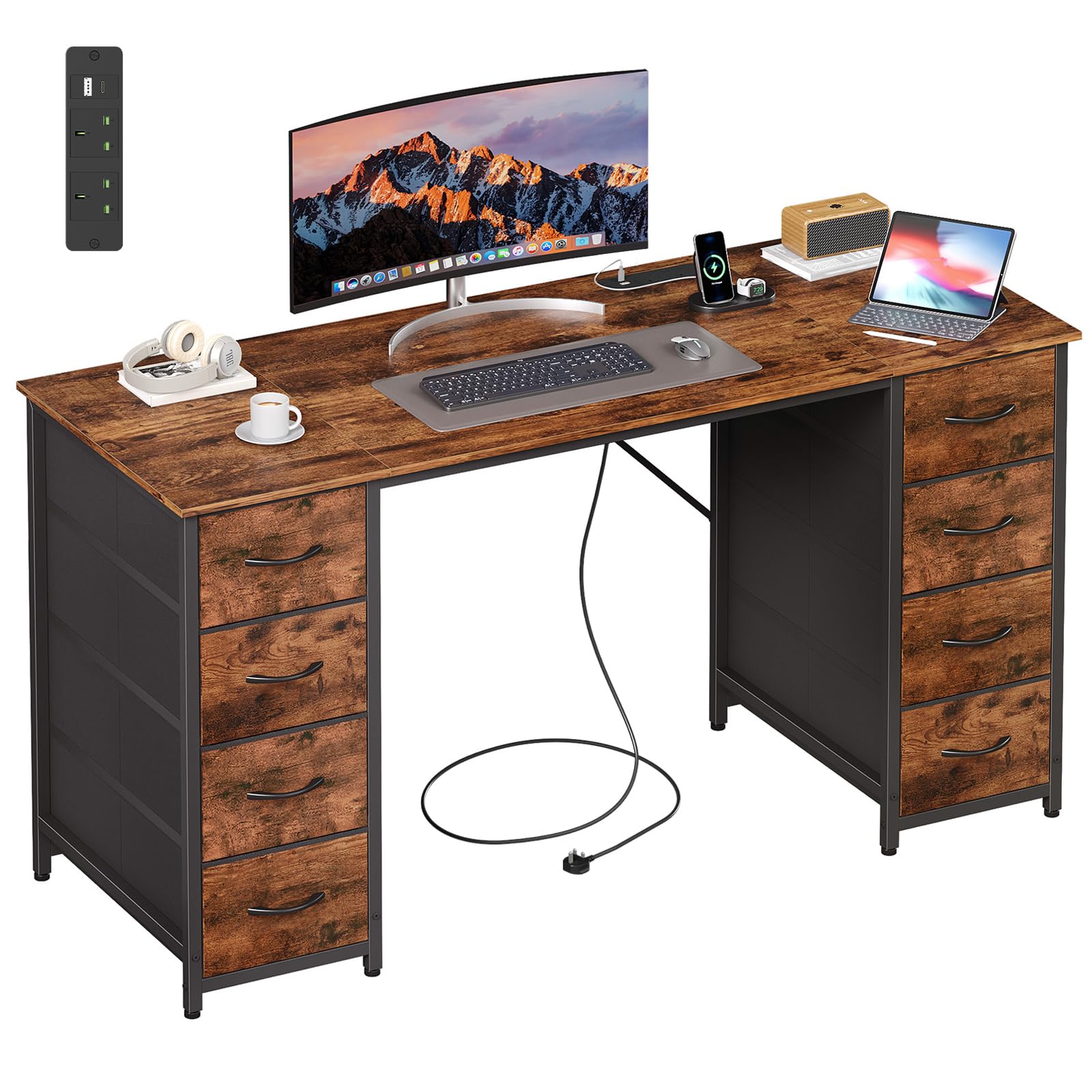 Somdot Computer Desk with 8 Fabric Drawers, Home Office, 140 x 48 cm, Brown