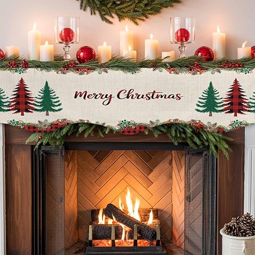 Miniatura 7 de Bufanda para chimenea con árbol de Navidad, 90 x 17 pulgadas, guirnalda de Navidad a cuadros rojos, cubierta de mantel de lino vintage, protector