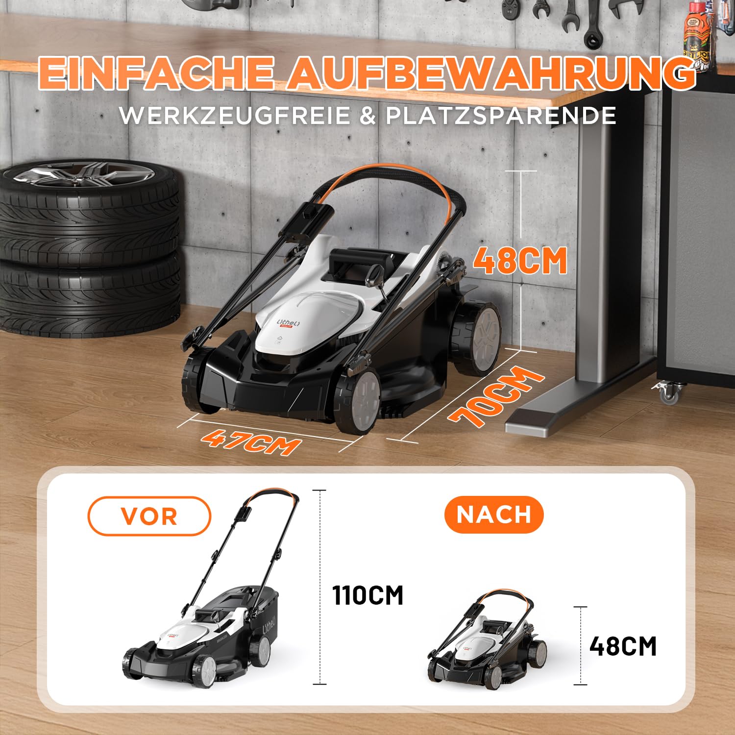 U20 Litheli Akku Rasenmäher, 2 x 20V, 43cm Schnittbreite, Brushless, bis 500 m², 40L Fangkorb, 25-75 mm Schnitthöhe, inkl. 2 x 4,0 Ah Akkus
