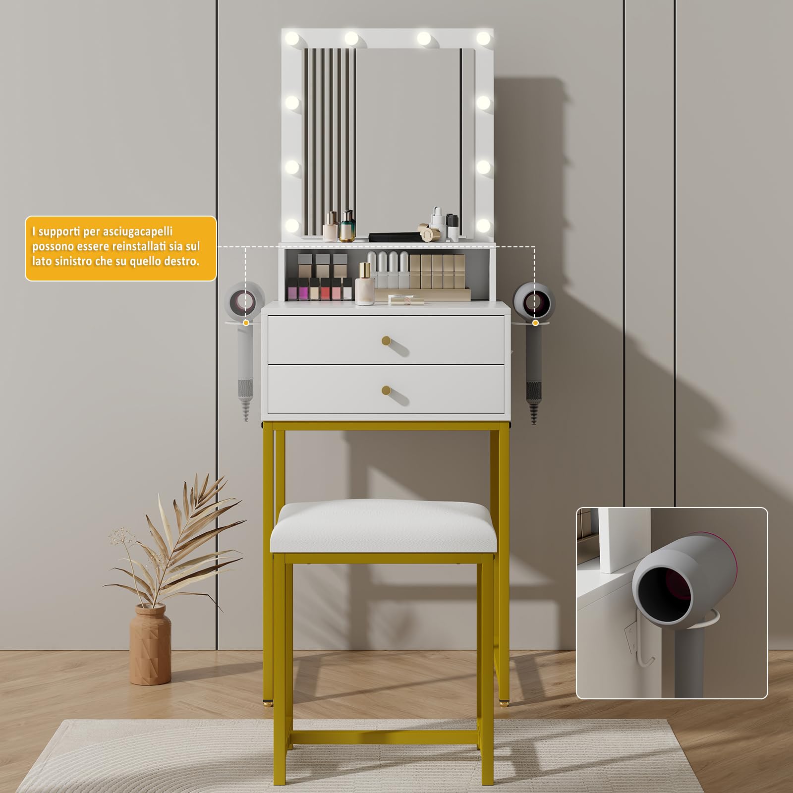 YU YUSING Toeletta Trucco con 10 Luci LED, 3 Colori, Tavolo da Trucco con Specchio e Sgabello, 2 Cassetti e 1 Ripiani Aperto, Supporto per Asciugacapelli, Postazione per Camera da Letto Soggiorno, Oro