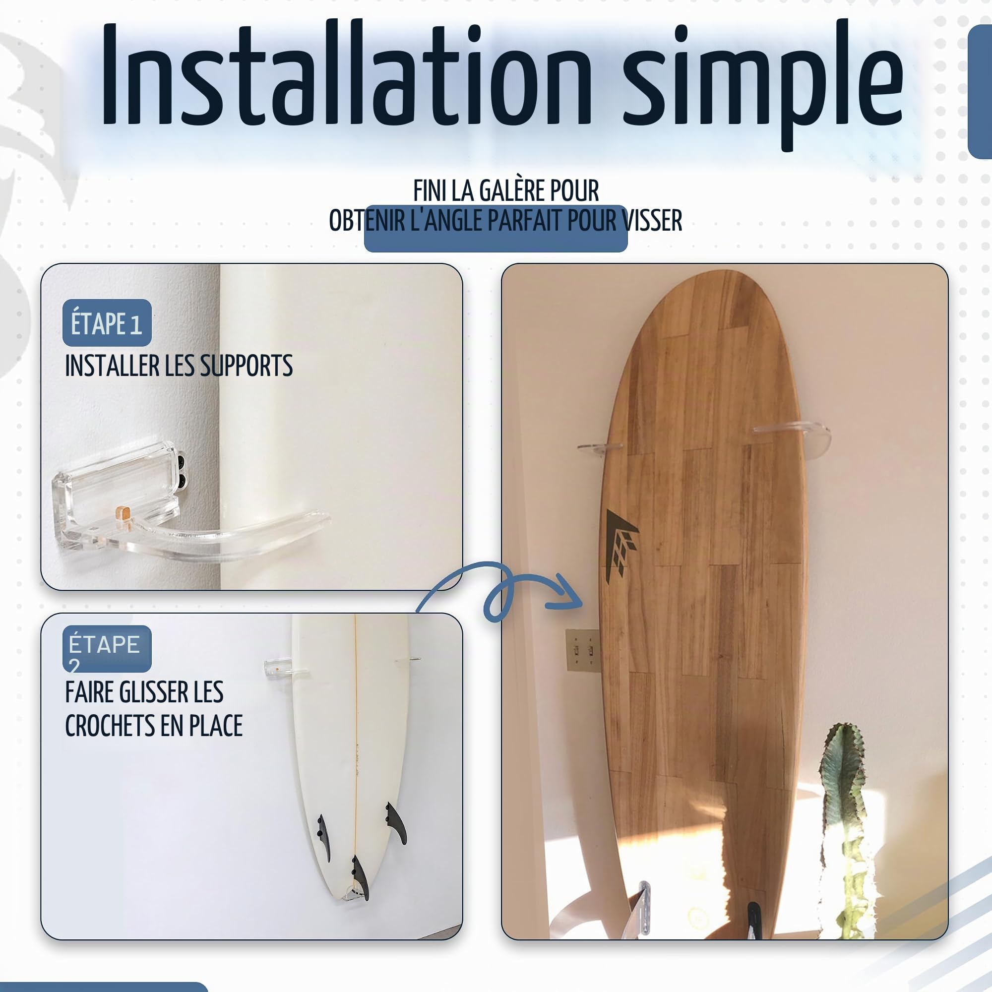 StoreYourBoard Support mural flottant pour planche de surf en acrylique transparent, décoration murale intérieure, support vertical pour planches courtes, planches de poisson et funboards, peut