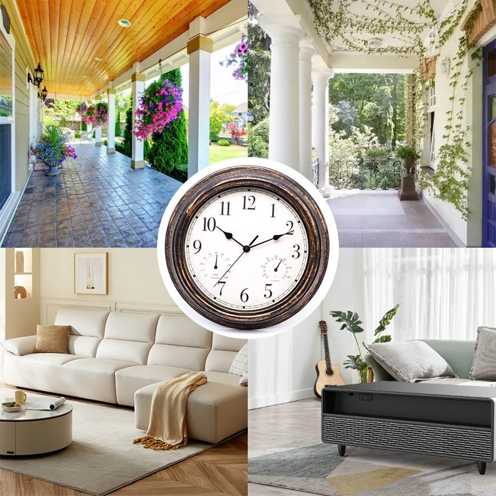 Orologio da parete da giardino da 30,5 cm, con termometro e igrometro, impermeabile, silenzioso, senza ticchettio, orologio decorativo per patio, portico, garage (rame rosso)