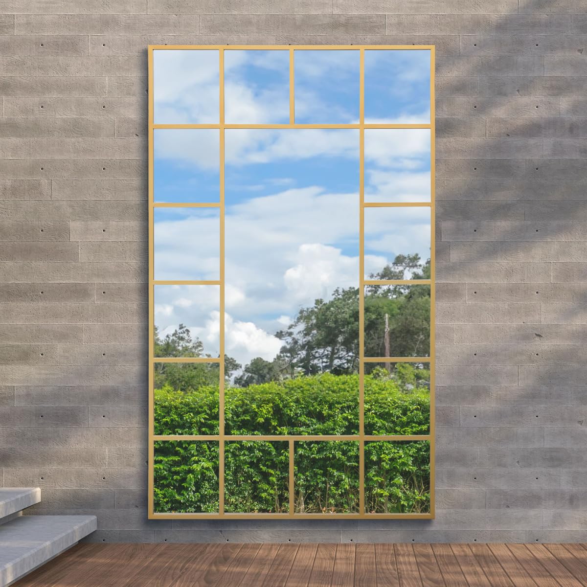 MirrorOutlet The Genestra - Gold Modern Modern Leaner and Wall Garden Mirror 79" X 47" (200CM X 120CM) Silver Mirror Glass with Black Metal Frame. Landscape or Portrait. Frost Protected Glass