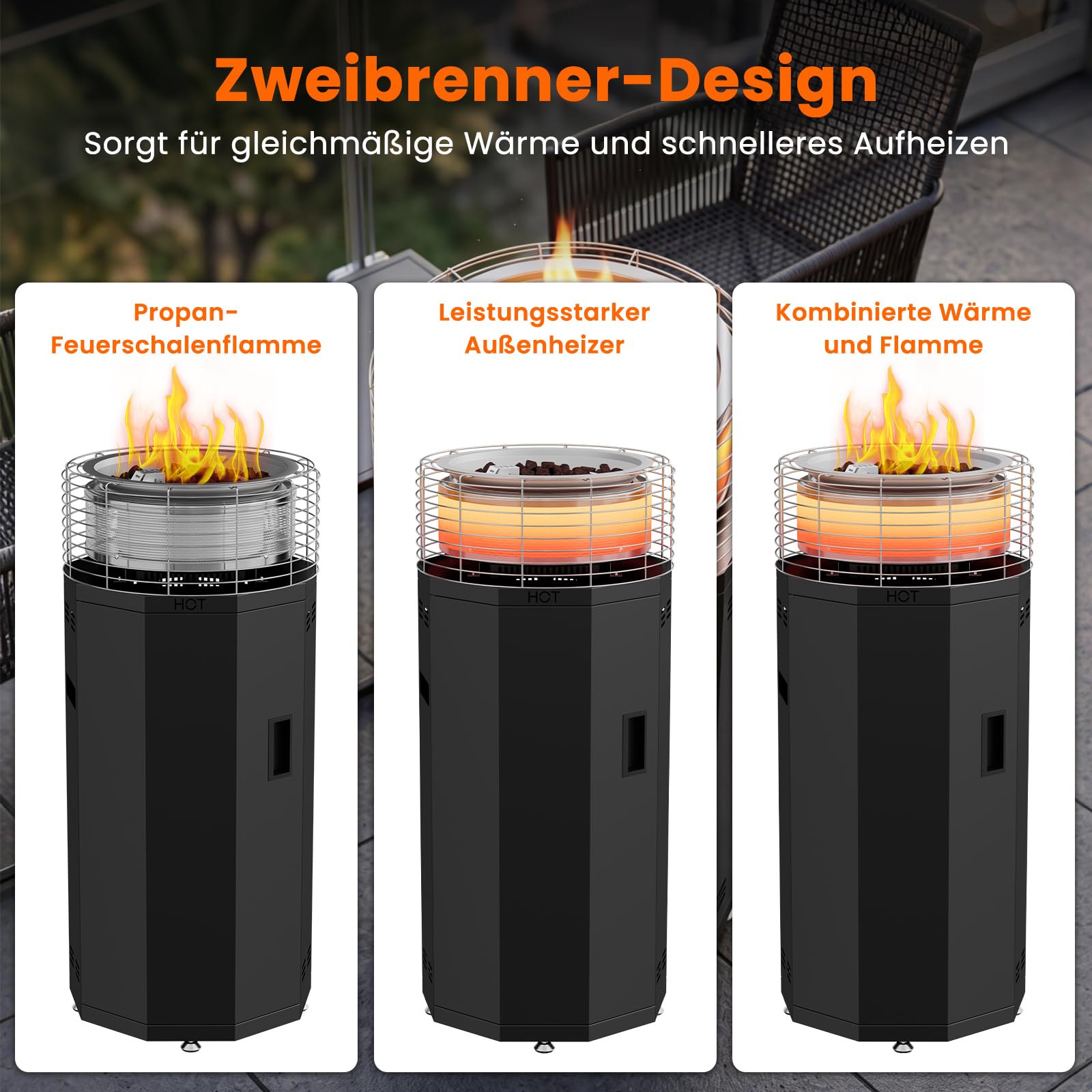3-in-1 16kW Tragbarer Heizpilz Gas & Feuerrohr für Terrasse – Propangas Terrassenheizer & Feuersäule mit 3 Modi (Flamme/Wärme/Beides) - rauchfrei, Piezo-Zündung - Regler & Schlauch
