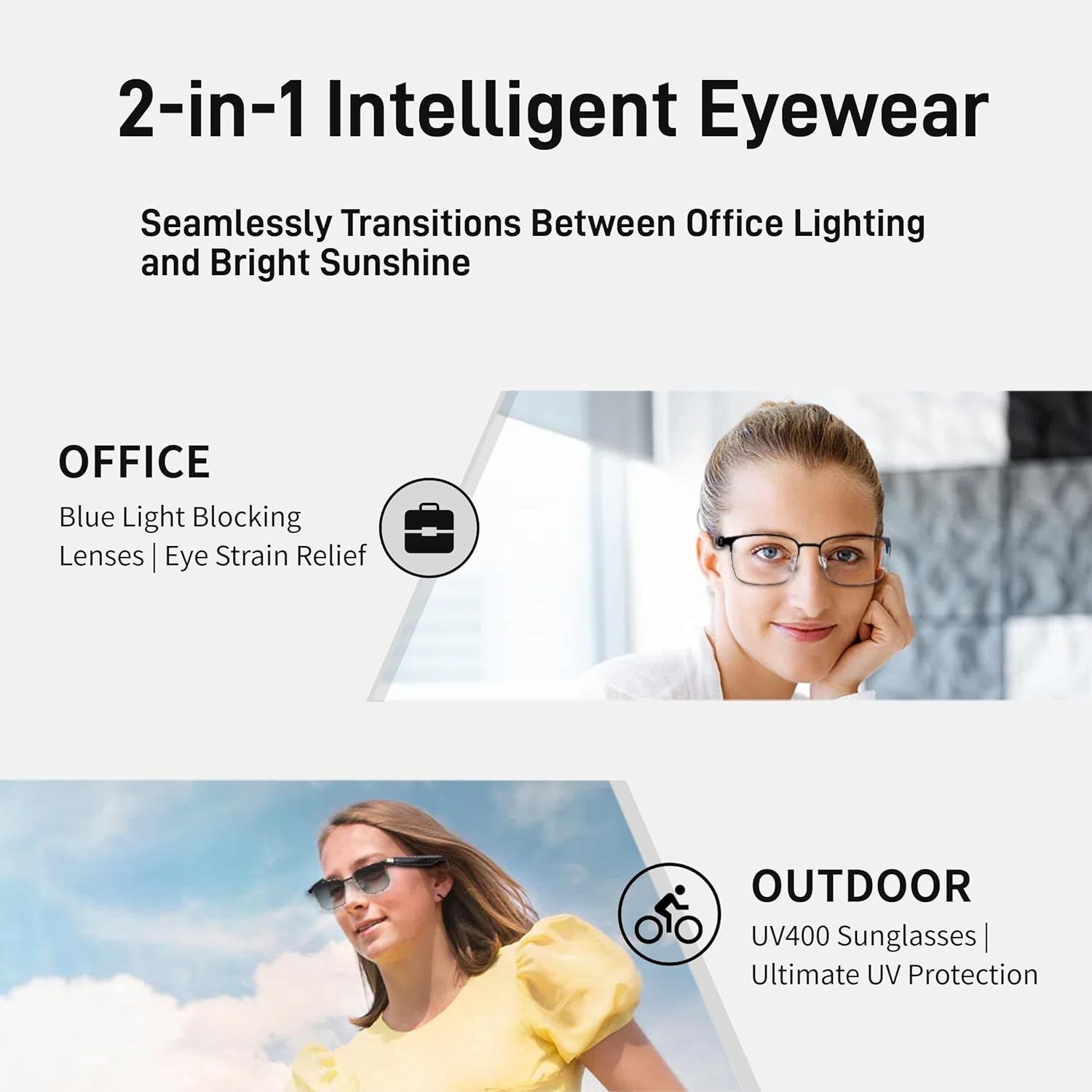 Woman wearing smart glasses, with icons for voice assistant commands like 'Hey Siri Call the girl' and 'Hey Siri Open Navigation'.