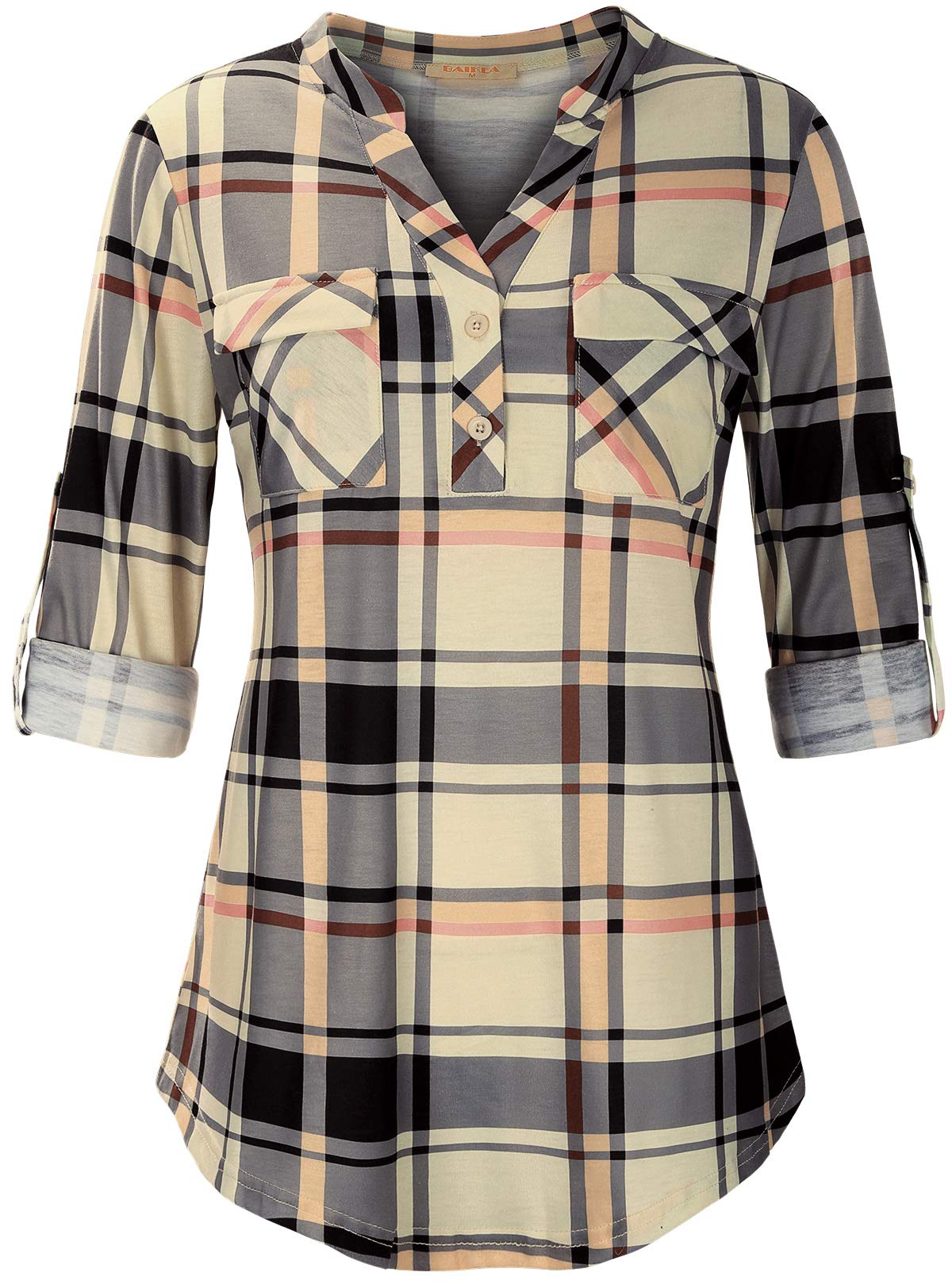 BAIKEAWomen's Roll Up Long Sleeve Notch Neck Plaid Shirt Button Down Checkered Tunic Top