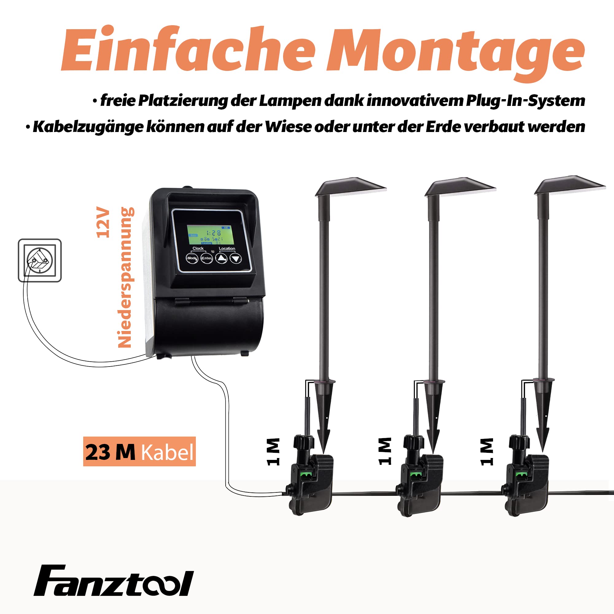 FANZTOOL Gartenbeleuchtung LED mit Strom, Niederspannung, 6x Wegeleuchte, IP65 Wasserdicht, 3000k, 23 Meter, inkl. Steuereinheit und Timer-Funktion