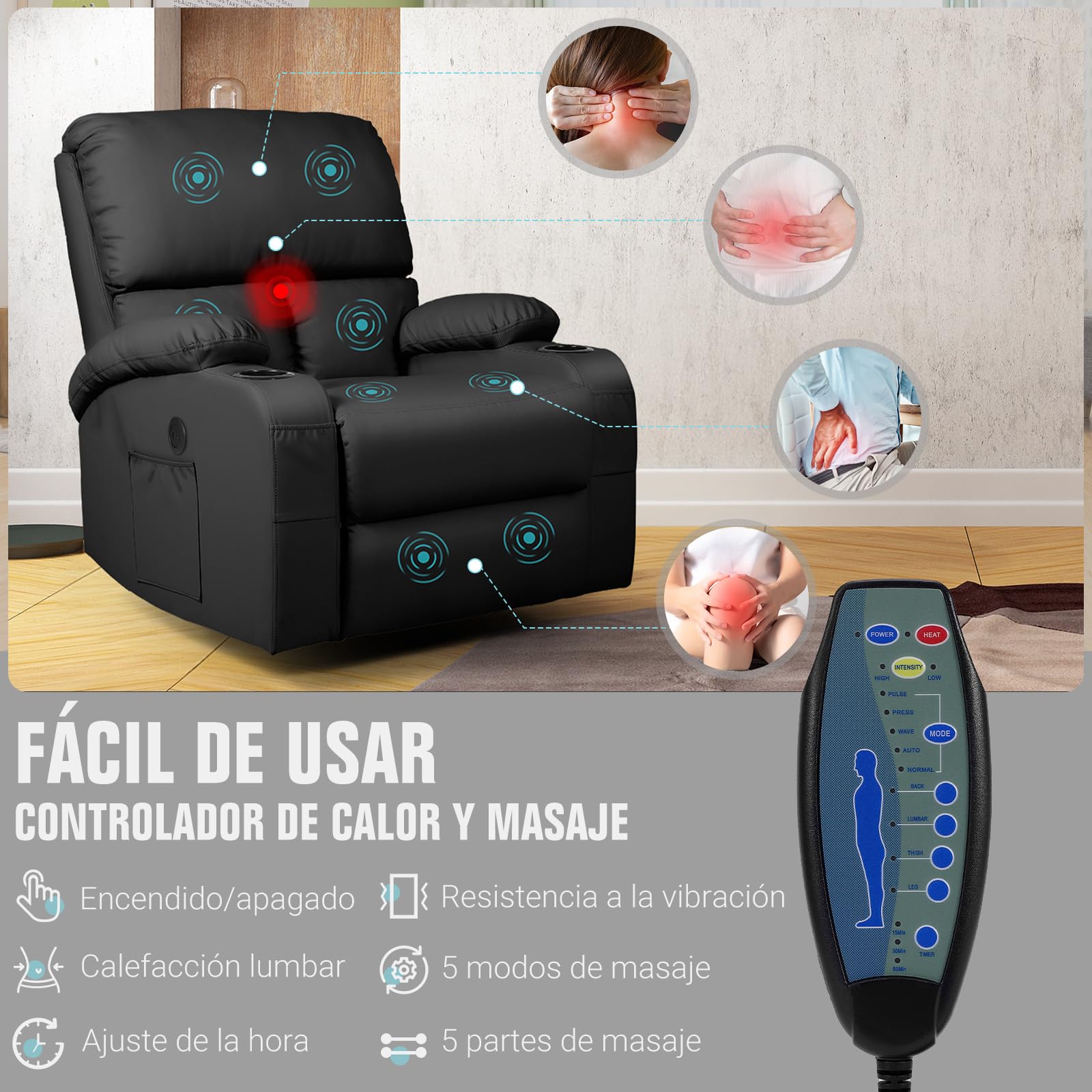 Schaukelstuhl mit Relaxfunktion, Massagesessel mit Vibration und Wärme, USB- und Type-C-Anschlüsse, 360° drehbar, Kunstleder, Schwarz