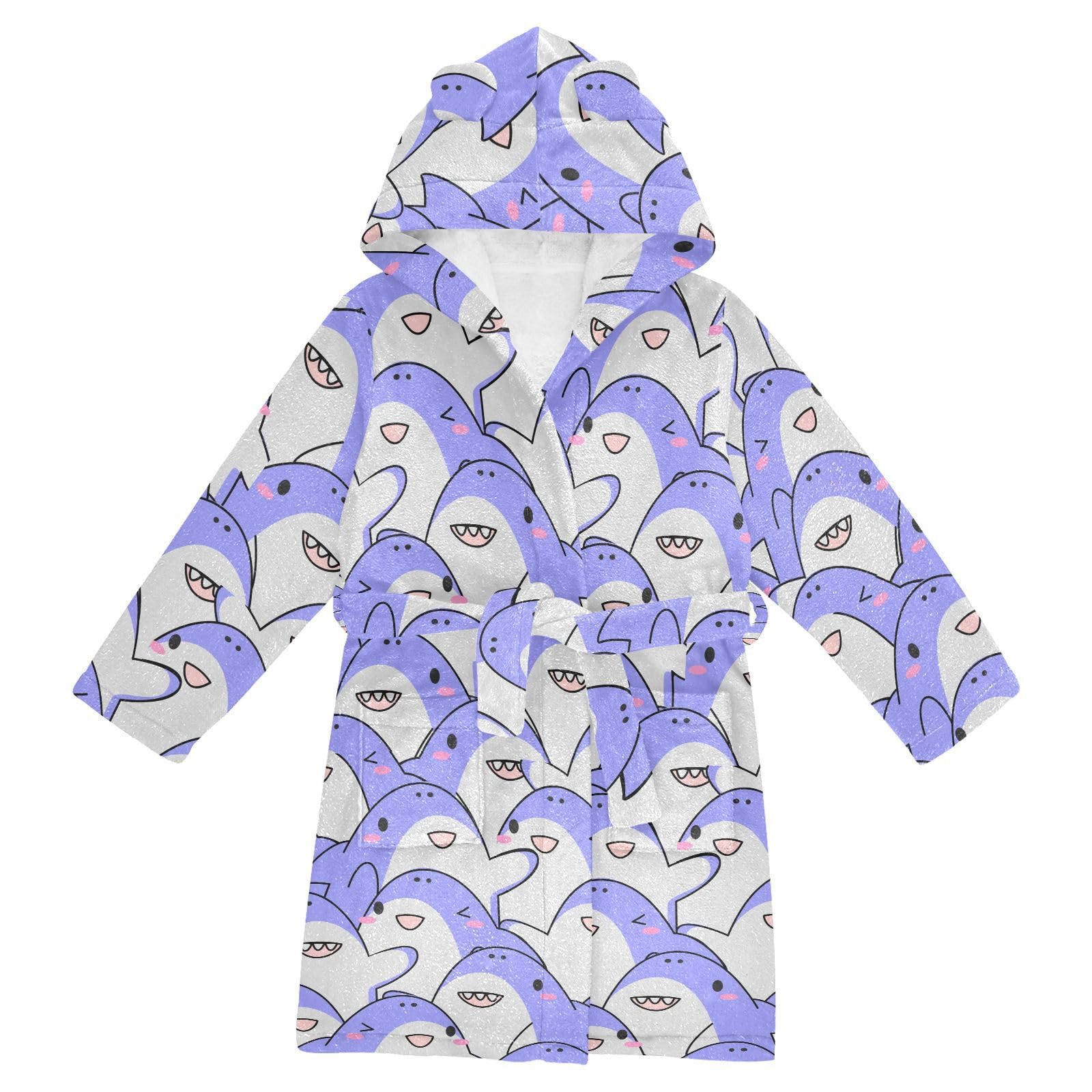 WIFIU Toddler Baby Hooded Bathrobe for Boys Girls Cute Blue Shark Cartoon Printed, Soft Plush Bath Towel Robe with 2 Pockets for 4-6 Years