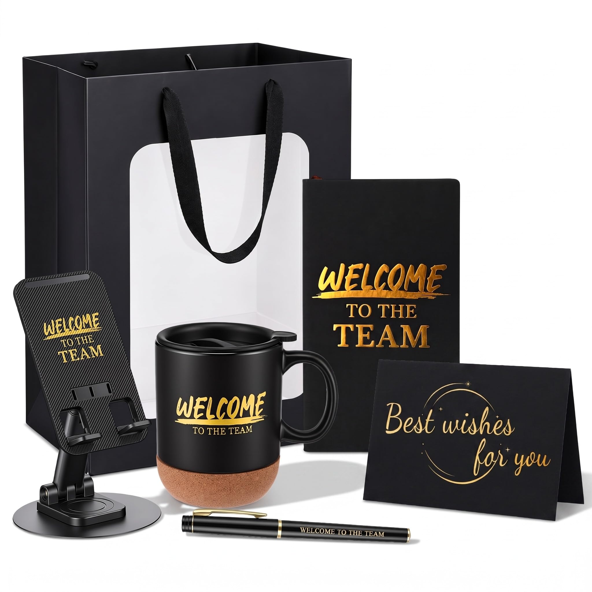 Lot de 6 cadeaux pour nouvel employé - Cadeau « Welcome to the Team » - 445 ml - Support pour téléphone - Pour carnet de notes inspirant - Sac en papier kraft - Cadeau de reconnaissance
