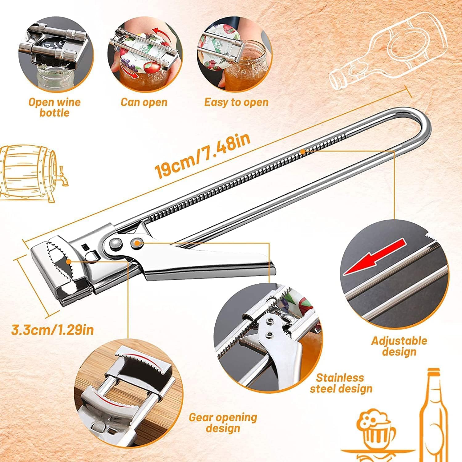 1PC Adjustable Stainless Steel Jar Opener Professional Jam Jar Bottle Opener, Manual Lids Remover Kitchen Accessories Gadgets Can Opener for Seniors Weak Hands Jar Openers