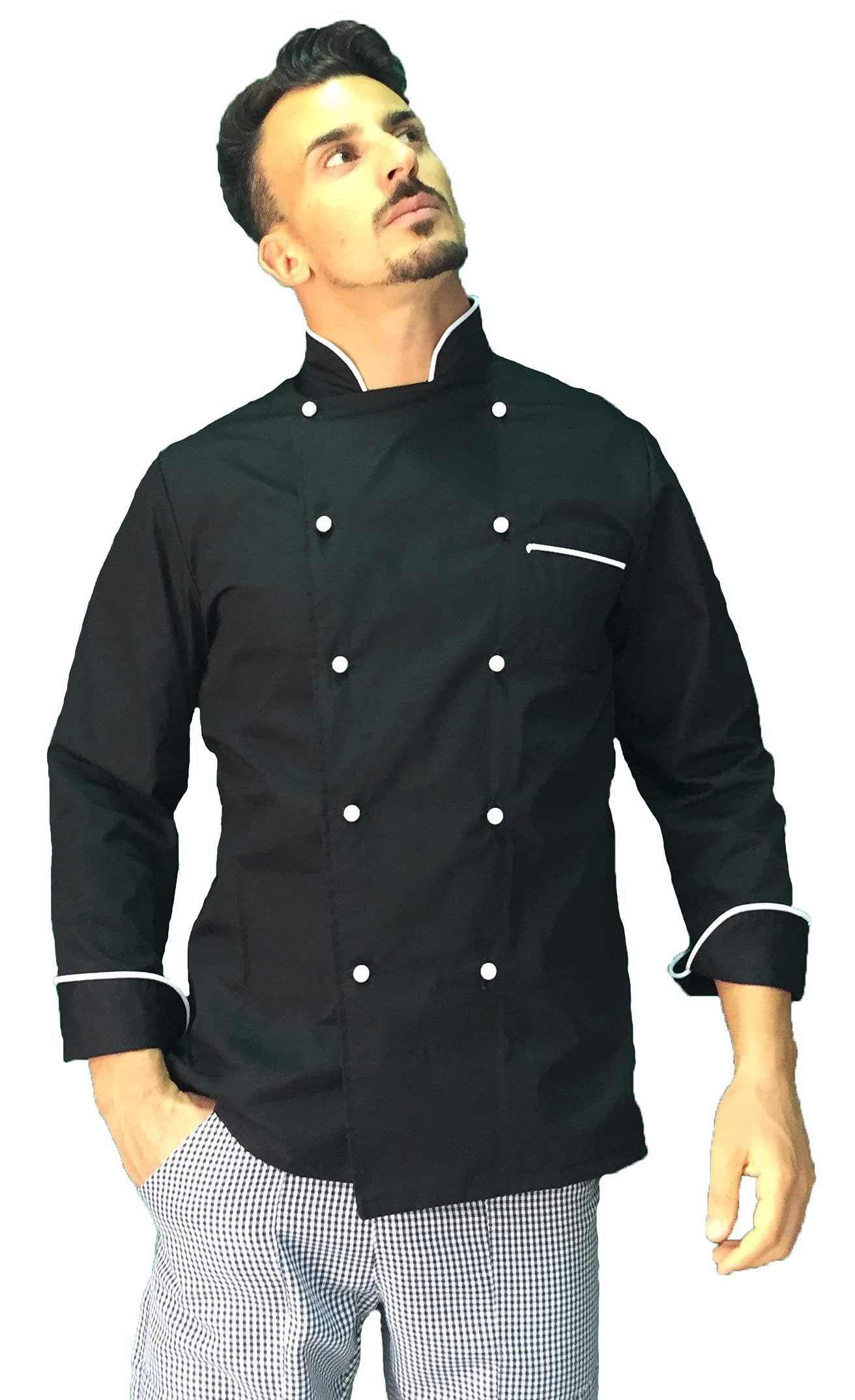 Ricamo Gratuito Completo Cuoco Uomo - Divisa Chef Nera e Bianca Personalizzabile - Giacca, Pantaloni e Grembiule - Uniforme per Cucina e Ristorante - Made in Italy