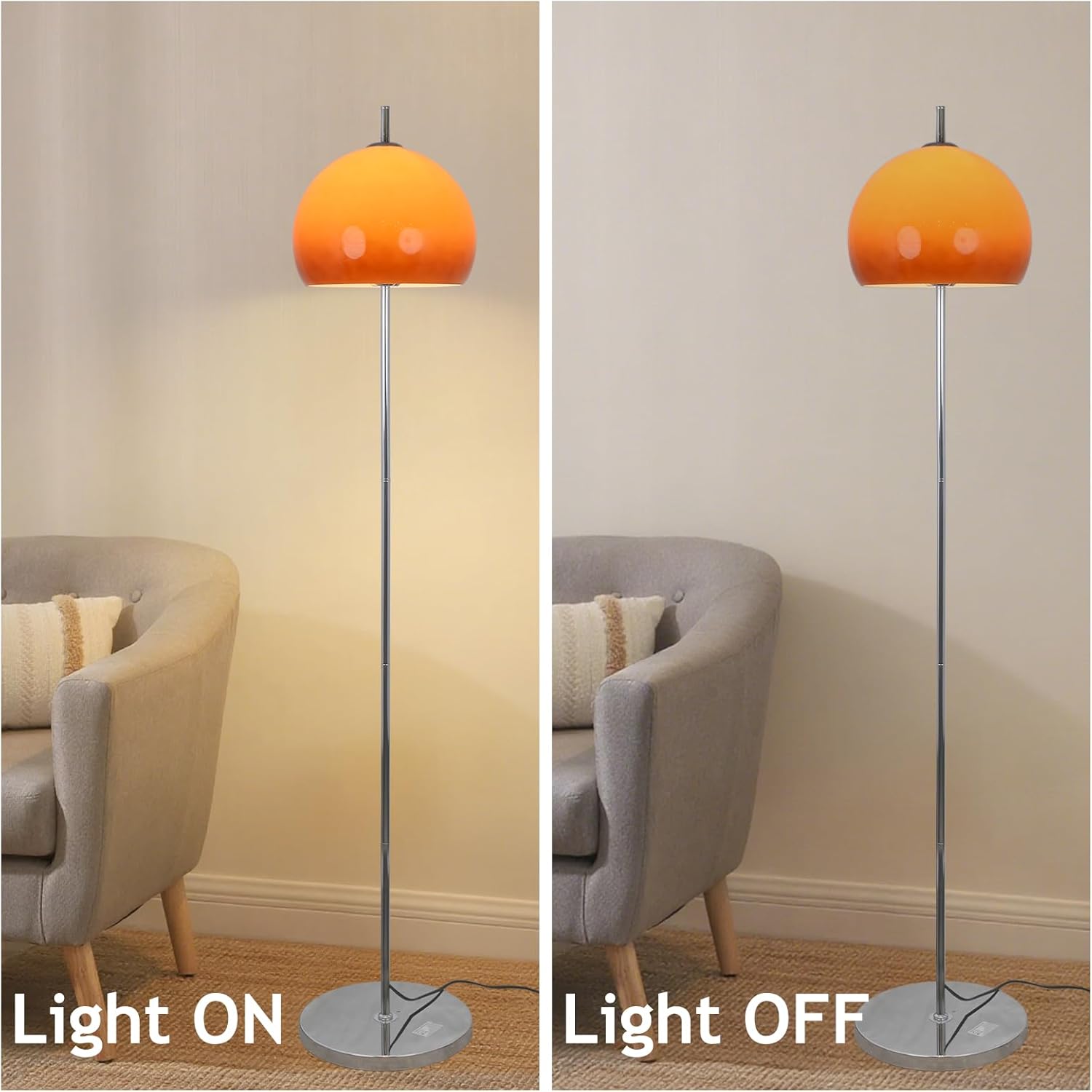 Mid Century Mushroom Floor Lamp 63" Orange Floor Lamp Globe Glass Standing Lamp with E26 Dimmable Chrome Iron Tall Light for Living Room Bedroom Study Dining Room(Includes Bulb)