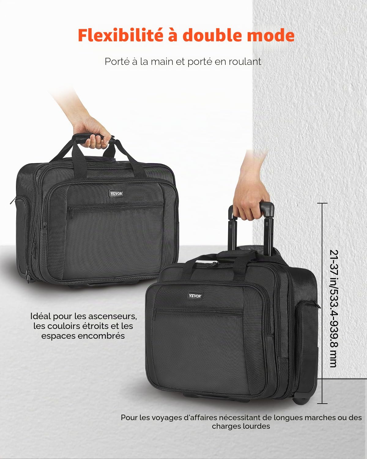 VEVOR Sac à roulettes pour Ordinateur Portable 17,3 Pouces, Mallette à roulettes pour PC, Poignée Télescopique à 4 Hauteurs, Tissu Oxford 1680D, pour Travail, Voyages d'affaires, Femmes, Hommes, Noir