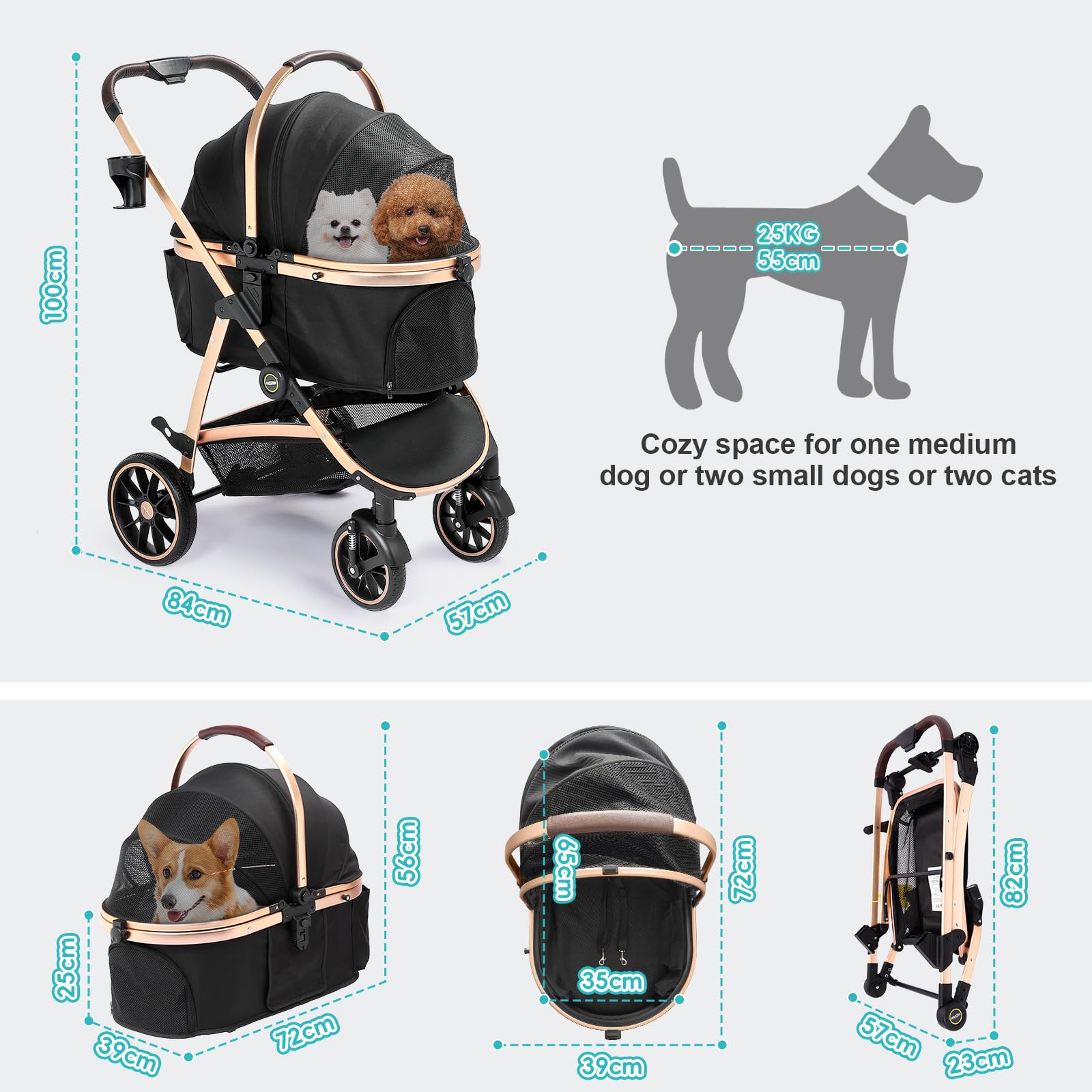 DAISTERN Passeggino per Cani 4 in 1 fino 25 Kg,Telaio in alluminio anodizzato 100% pieghevole,ruote gomma schiumosa 360°,Staccabili,adatto per cani e gatti di medie e piccole taglie, Marrone