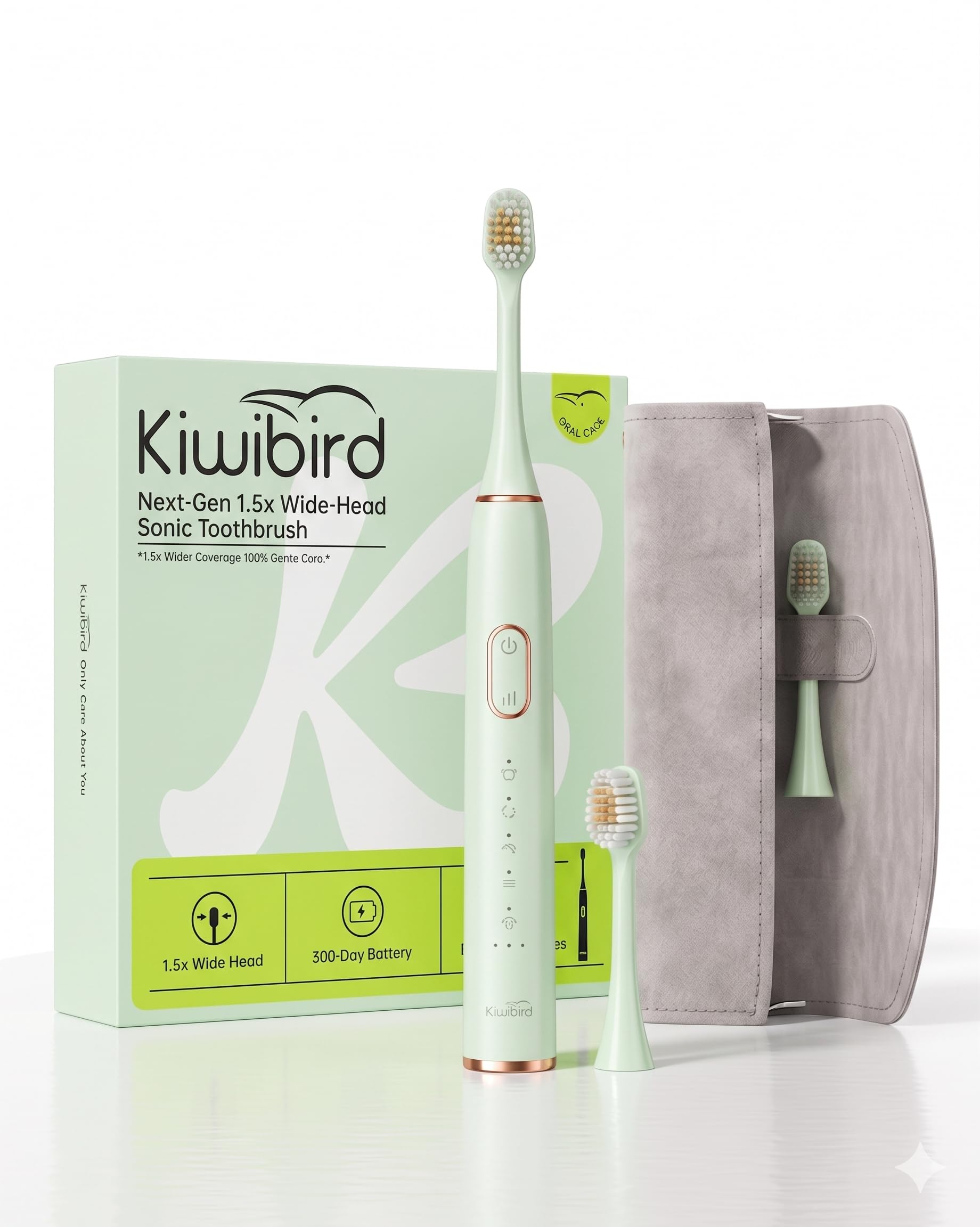 KIWIBIRD Cepillo de dientes eléctrico K5 Sonic, cabezal de cepillo 1.5 veces más ancho para una limpieza un 50% más rápida, eliminación de placa eléctrica de alta eficiencia, batería de 180 días, 5