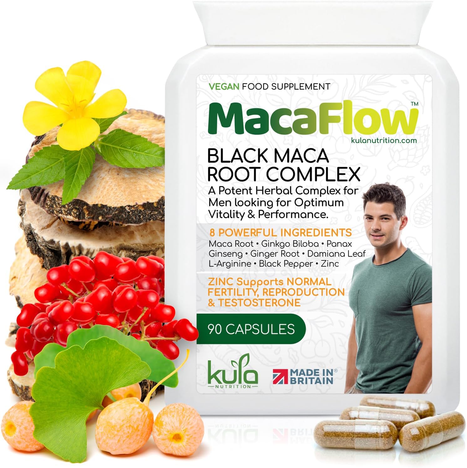 MacaFlow Black Maca Root Complex for Men Ginkgo Biloba, Panax