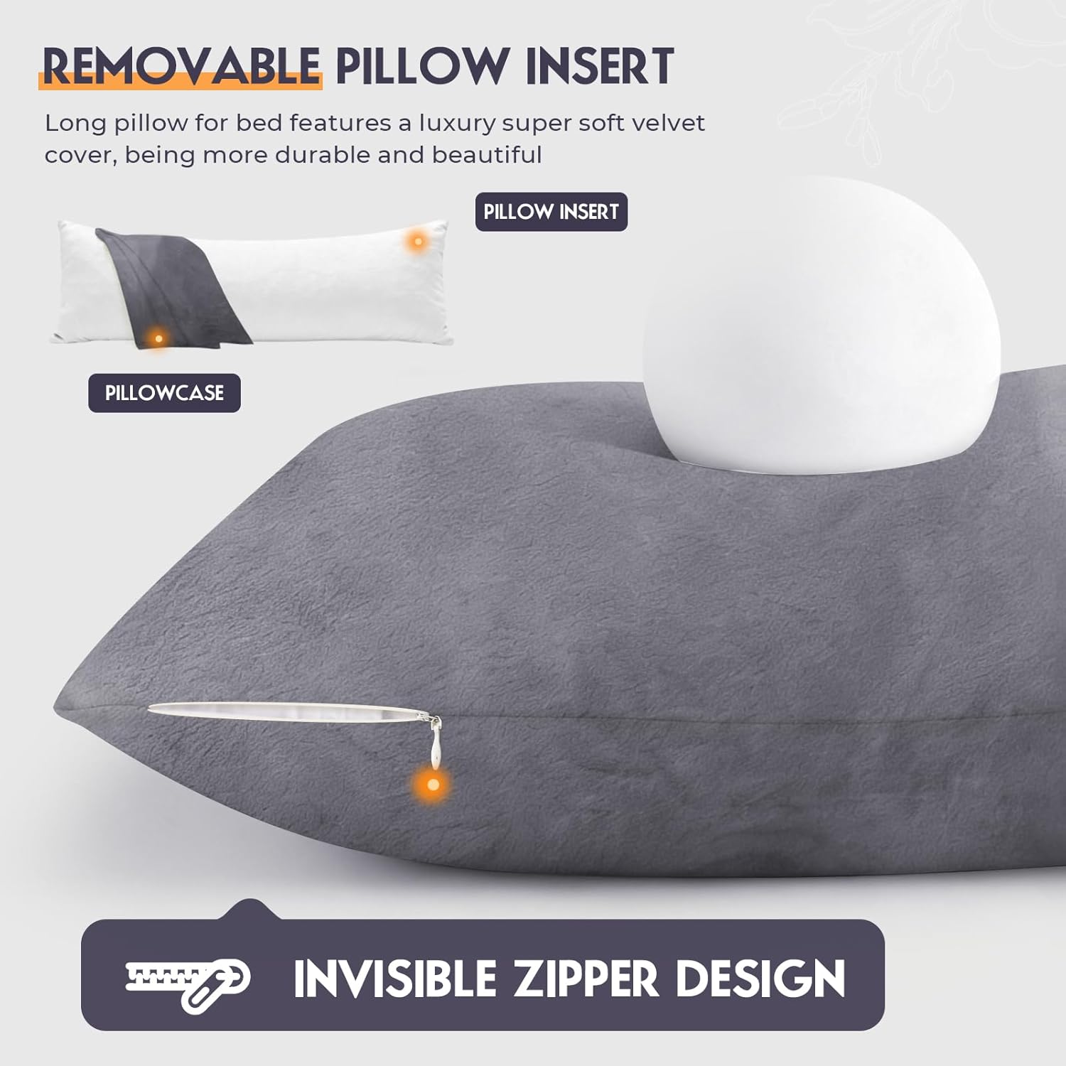 Body Pillow for Adults with Removable Pillowcase，Memory Foam Full Body Pillows for Side Sleepers, Back Pain, Pregnancy, Large Long Pillow Fluffy with Cover for Bed,20x54 Inch, Grey