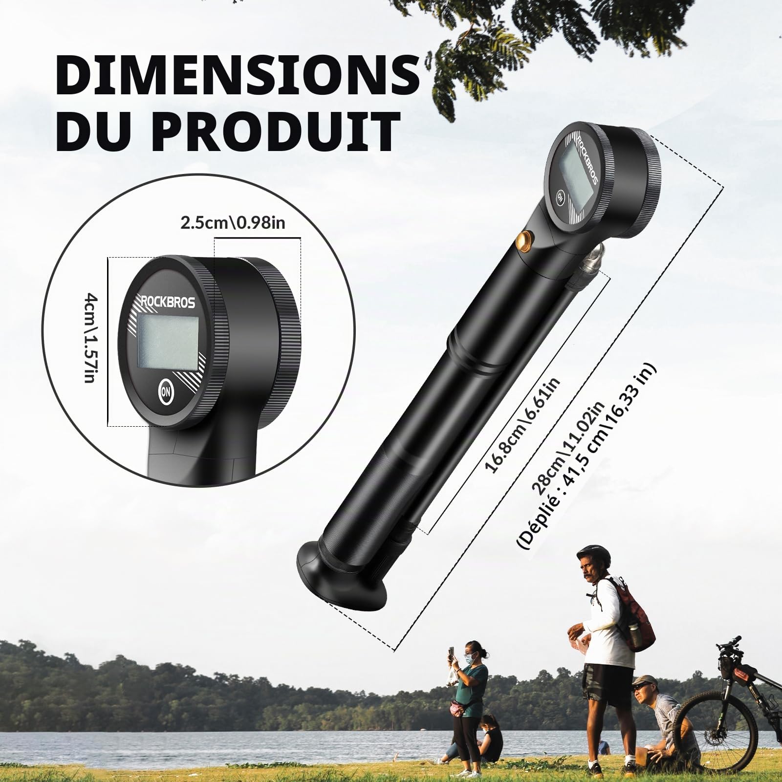 ROCKBROS Mini Pompe à Main Vélo Max. 320PSI Gonfleur Deux Temps Léger Valve Presta Schrader Manomètre Électronique Alliage d’Aluminium VTT Fourche Avant Vélo Trotinnete Électrique Basketball Noir
