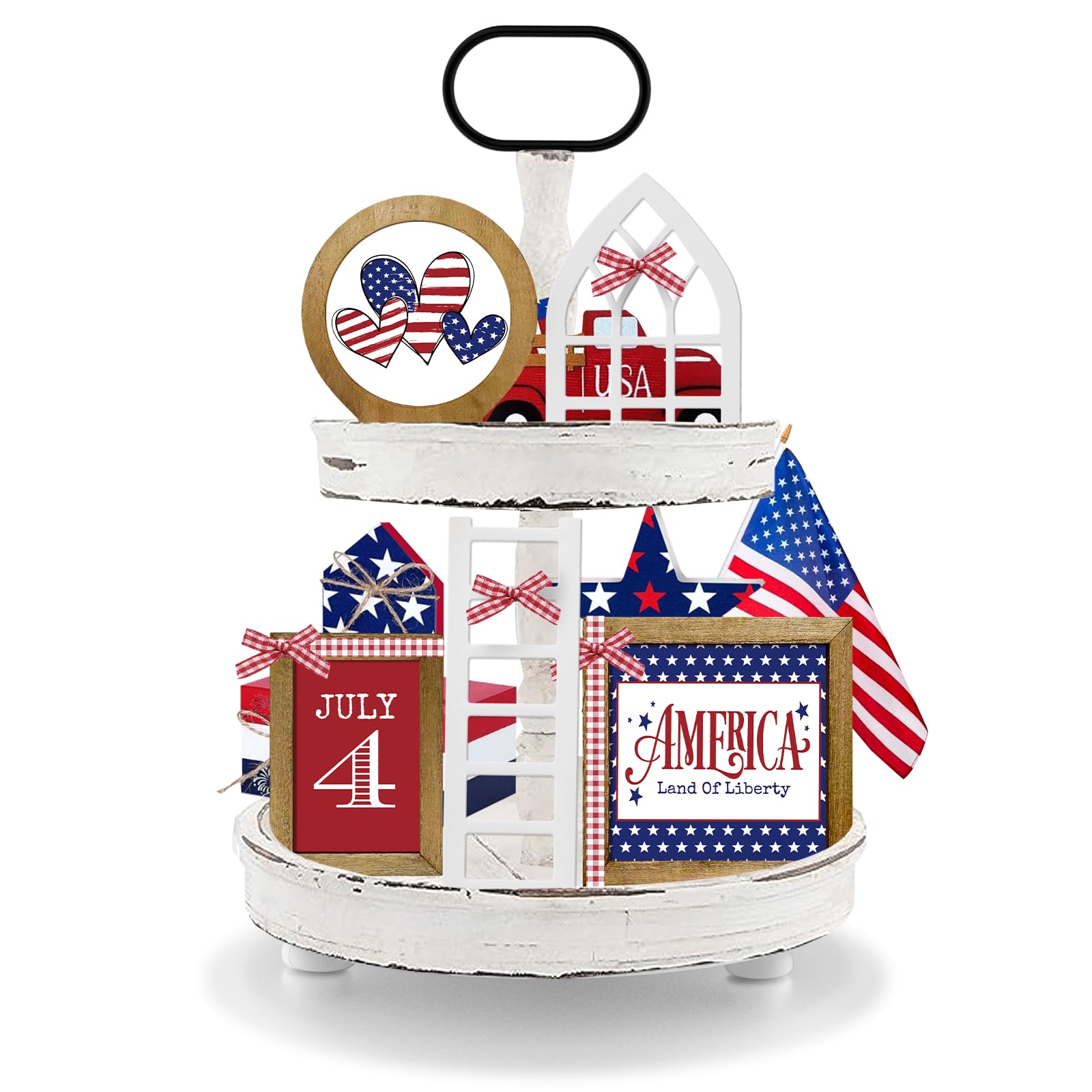 Interchangeable Year Round Seasonal Farmhouse Spring Tiered Tray Decor, Bumble Bee Decor Patriotic Tiered Tray Decor Include Wood Frames Cards Ladders Arched Window Bow Tiered Tray Decor - NO Tray