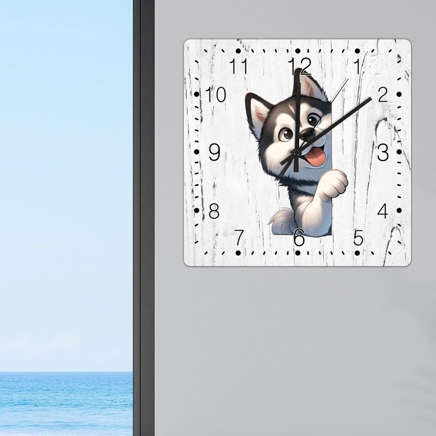 Siberian Husky Dog Peeking ASquare Corner Clocks Siberian Husky Wood Clocks Battery Operated Square Wall Clock Gift for Dog Owner Wall Clock for Dinning Living Room 12x12in