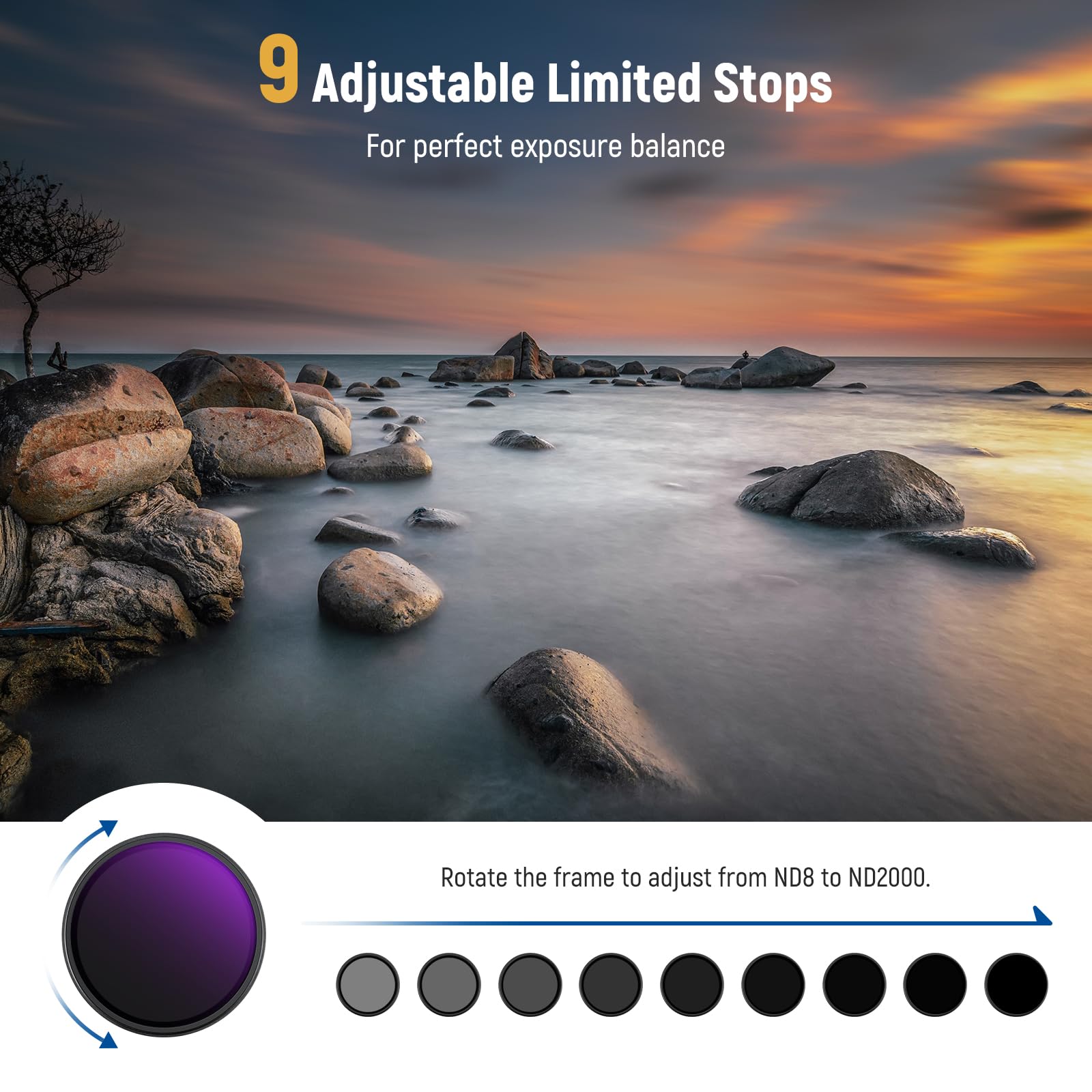 NEEWER 49mm Filtro ND Variabile (ND8-2000), True Colors e Hard Stop, Filtro Densità Neutra Limitata Regolabile 3-11 Stop per DSLR Mirrorless Camera, Vetro Ottico Multistrato, Telaio Sottile Alluminio