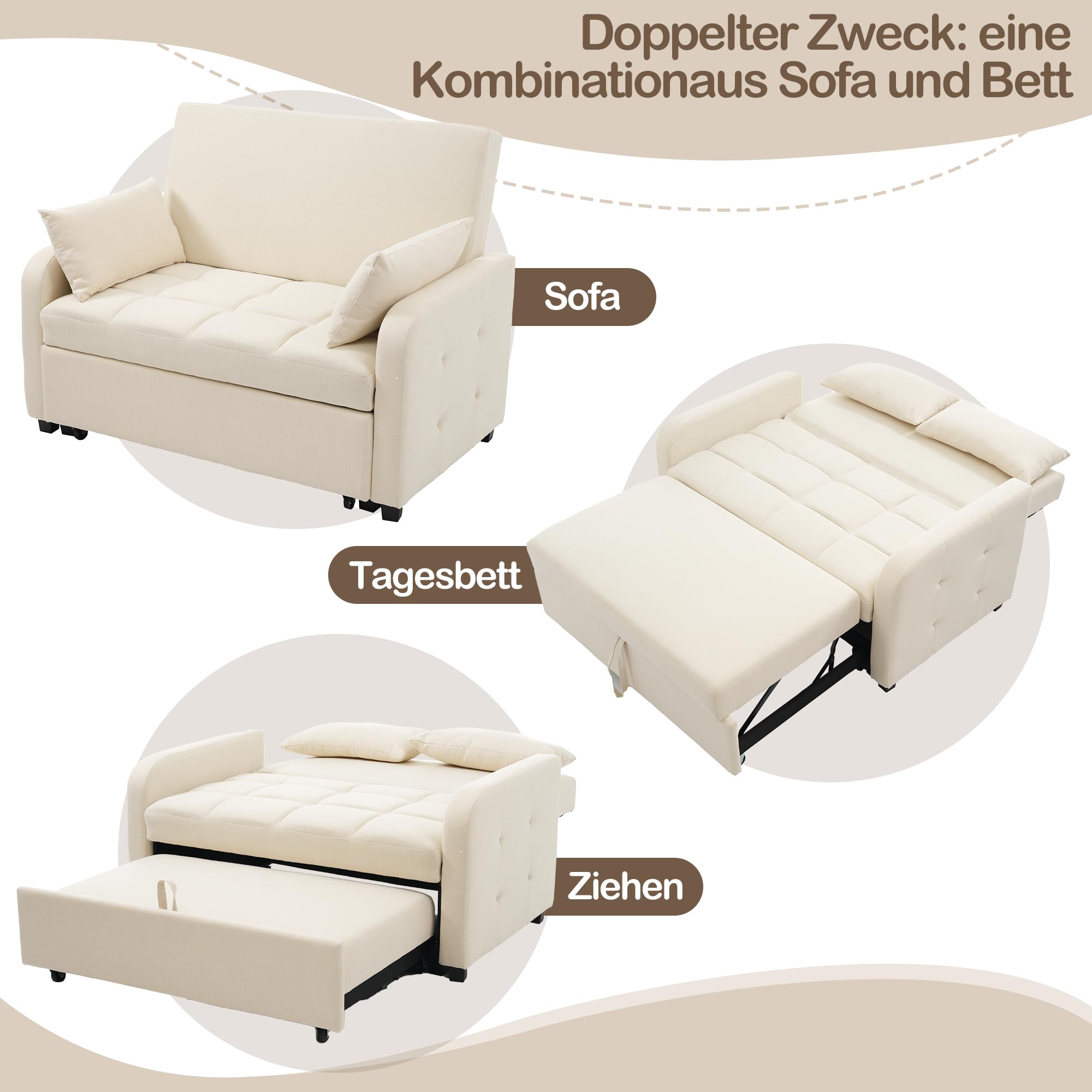 Merax Schlafsofa 2-Sitzer Kleines Sofa mit Schlaffunktion | 180x127 cm - Modernes Klappsofa 3-in-1 Schlafcouch Ausziehbar mit Verstellbarer Rückenlehne, Seitentaschen - Leinenstoff Sofabett, Beige