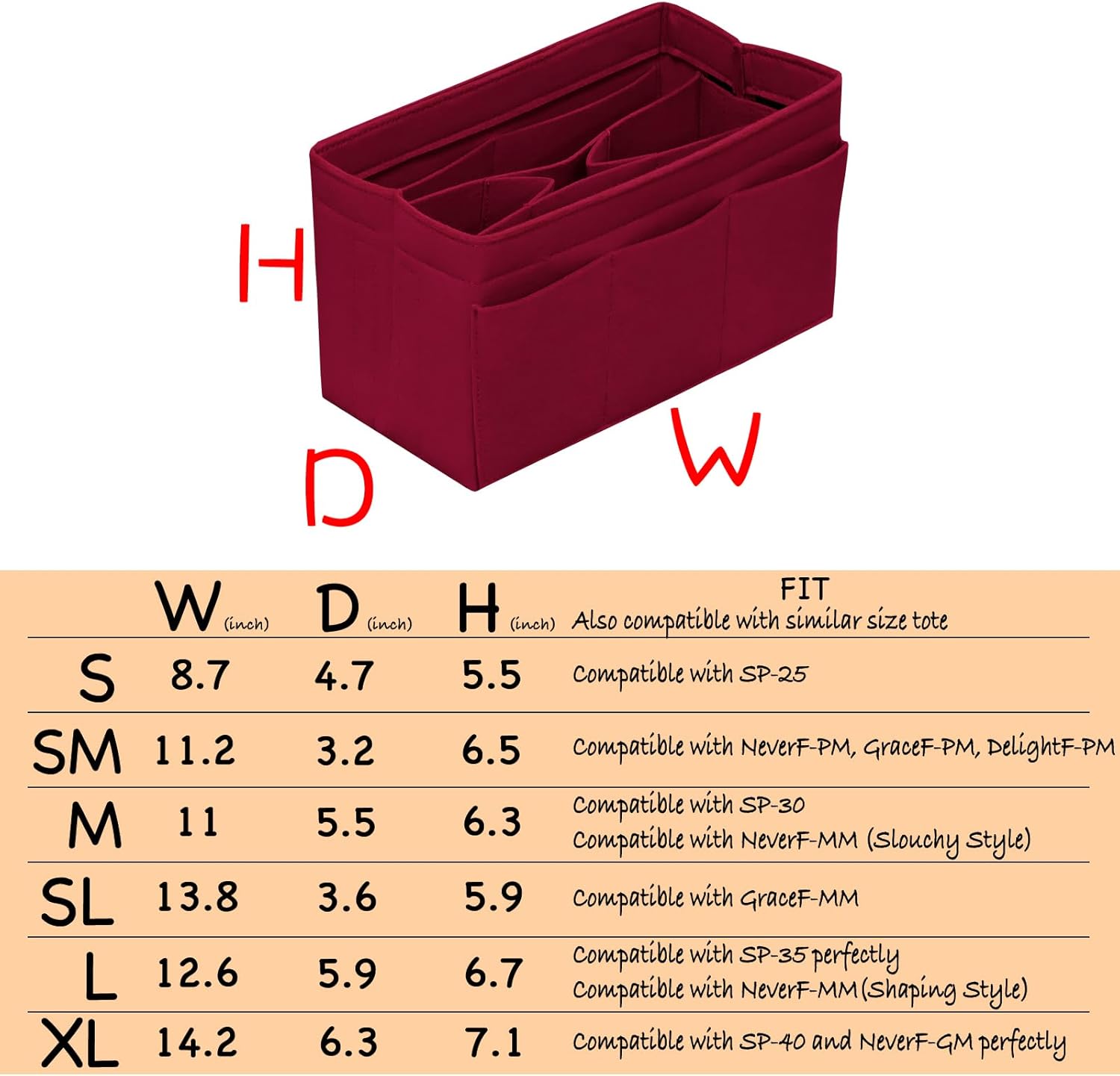 Purse Organizer Insert Felt Bag Organizer Handbag Organizer Insert Bag In Bag Organizer for Tote Purse Bag 14 Pockets Dark Red Large - Image 2