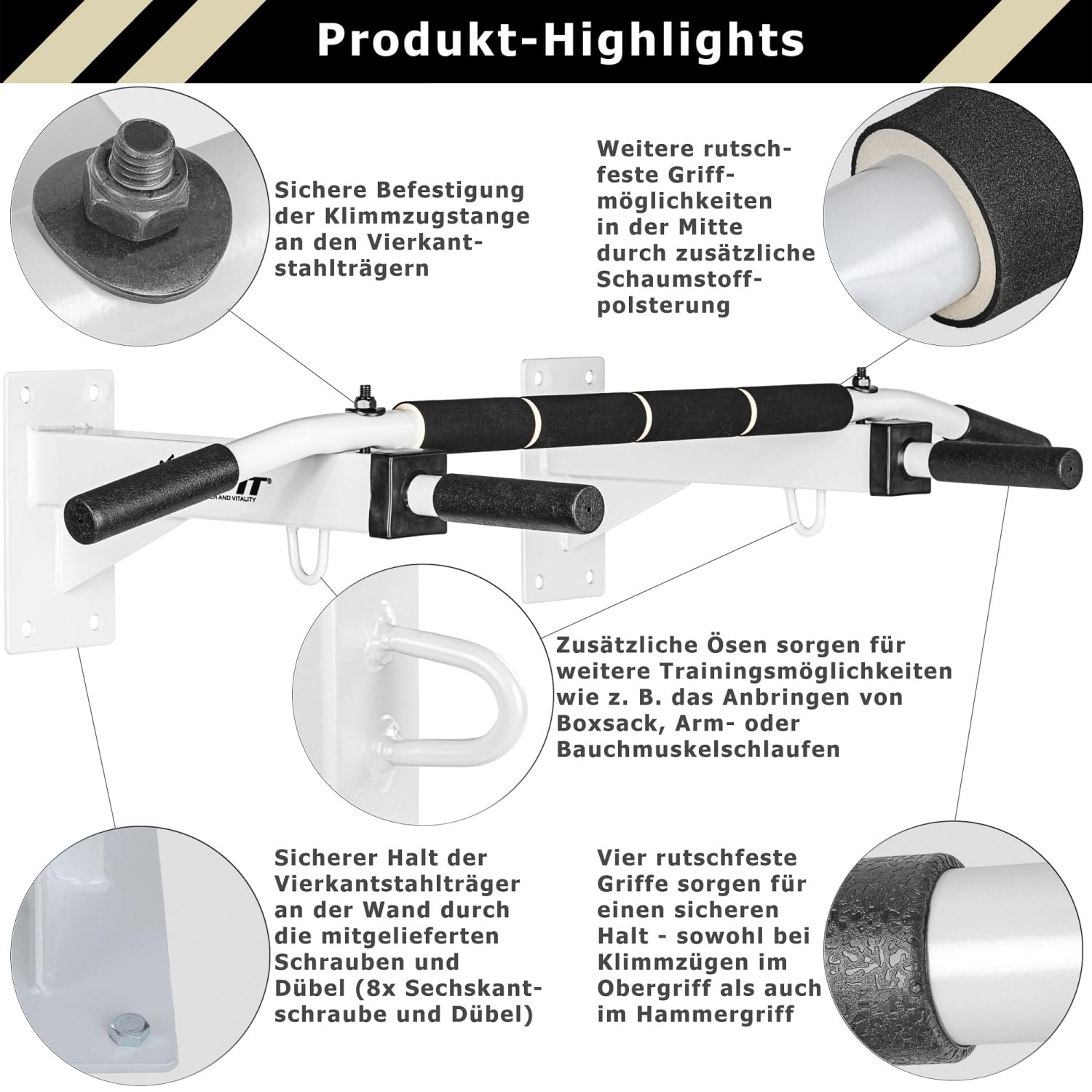 MOVIT® Profi Klimmzugstange zur Wandmontage, bis 350 kg, 4x rutschfeste Griffe + XXL Softgrip, 2x Ösen für Zubehör, schadstoffgeprüft, Weiß oder Schwarz, Türreck Reckstange Pull up bar