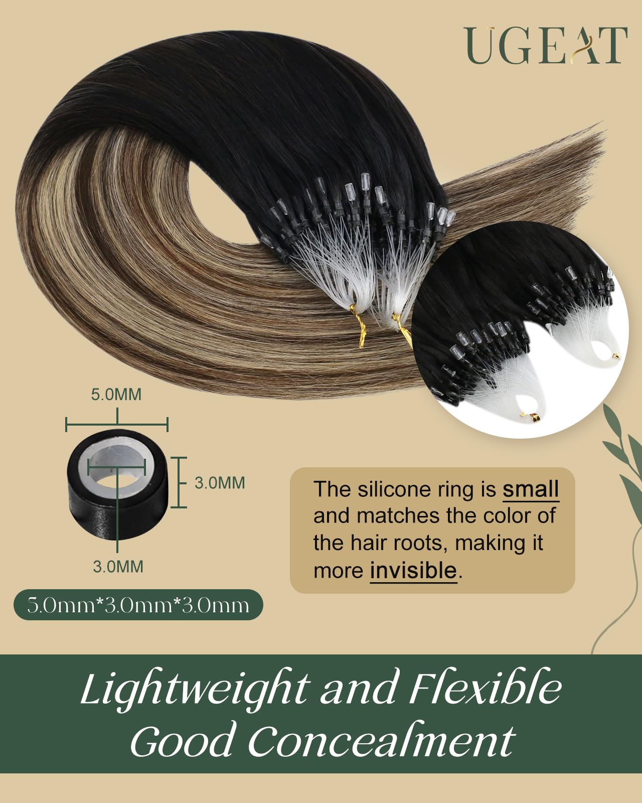 Ugeat Micro Ring Hair Extensions Black Balayage Micro Human Hair Extensions Dark Brown Mix Caramel Brown Ombre 14 Inch Cold Fusion 50G/50S #1B/4/27 - Image 3