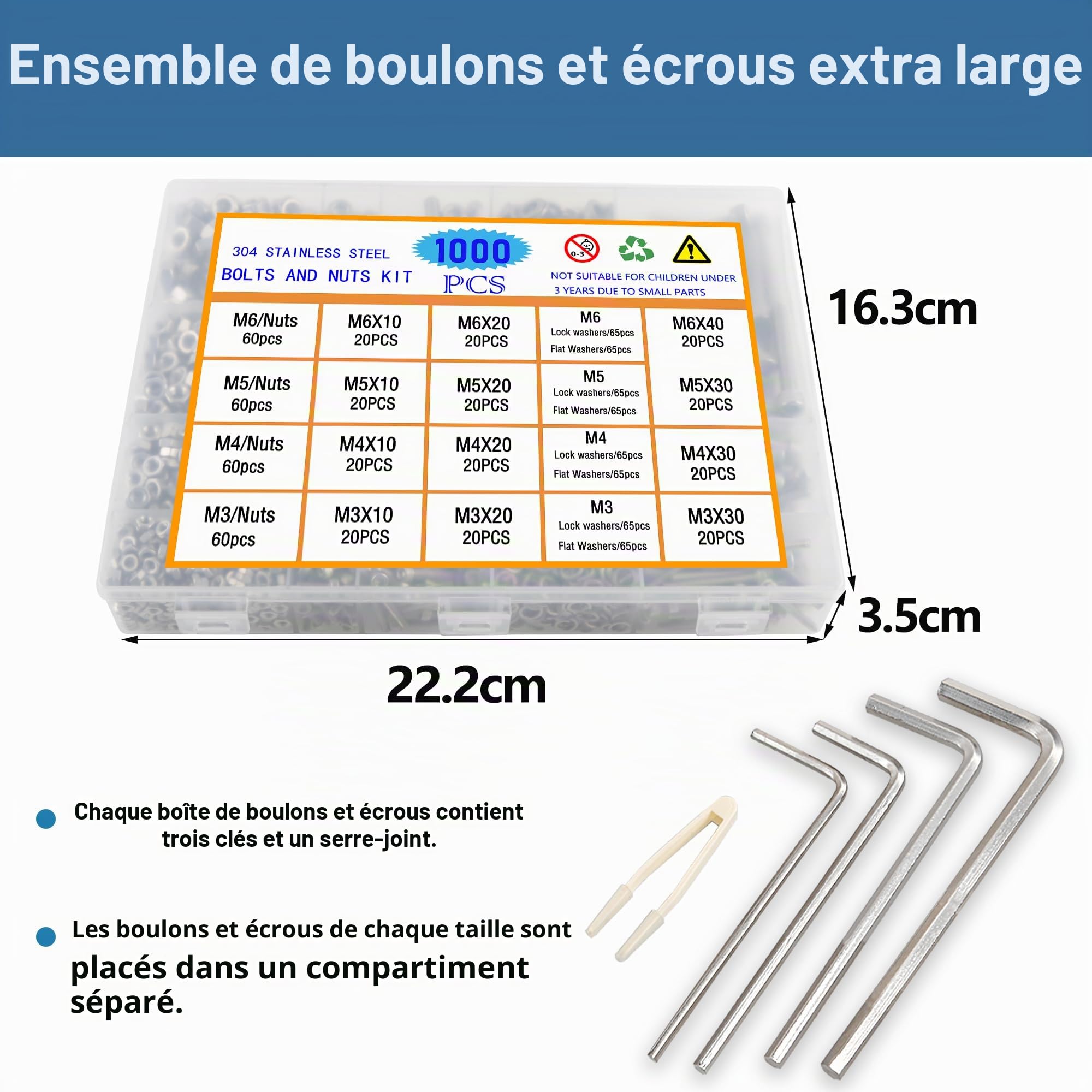1000pcs M3 M4 M5 M6Jeu de Vis et écrous Vis Boulon et écrous à Six Pans Creux 304 Visserie Inox Assortiment Ecrous et Boulons Rondelles Kit pour Réparation Bricolage Mécanique