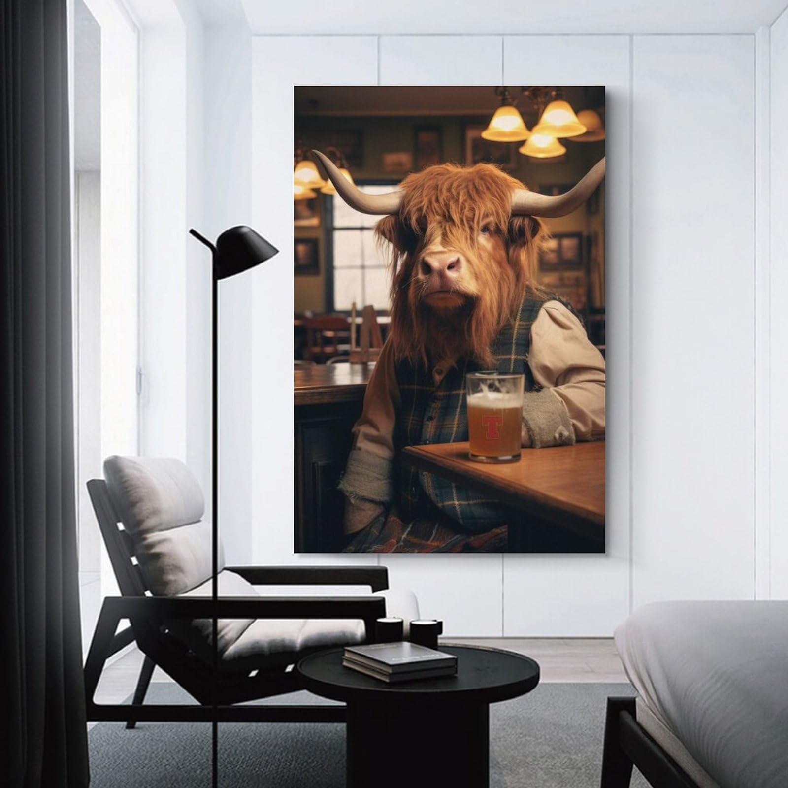 Junmoney Unframe-Style-23 Highland Cow Drinking Beer Canvas Wall Decor, 24X36inch(60X90cm), For Wall Displays, Bedrooms Or Room Updates, Wall Decor Suited To Curated Displays
